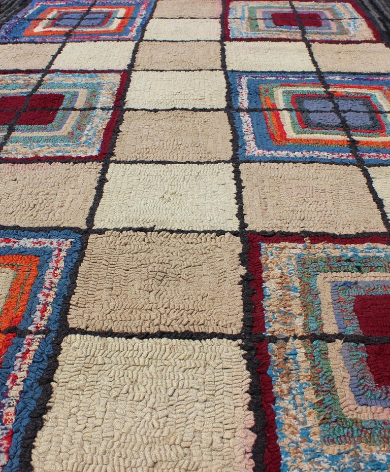 Checkerboard Vintage American Hooked Rug with Geometric Cross Designs ...