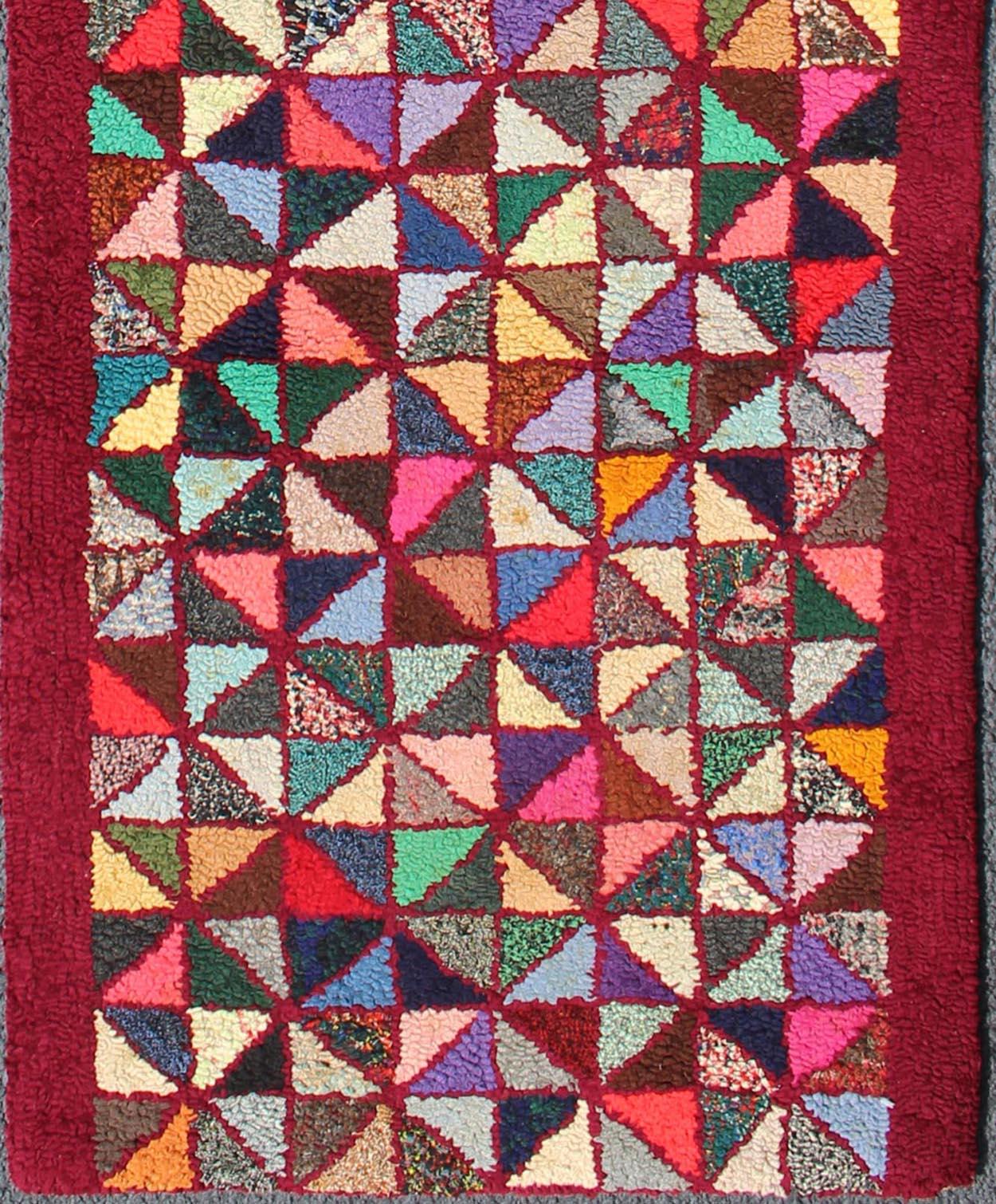 Wool Checkerboard Vintage American Hooked Rug with Geometric Design in Multi Colors For Sale