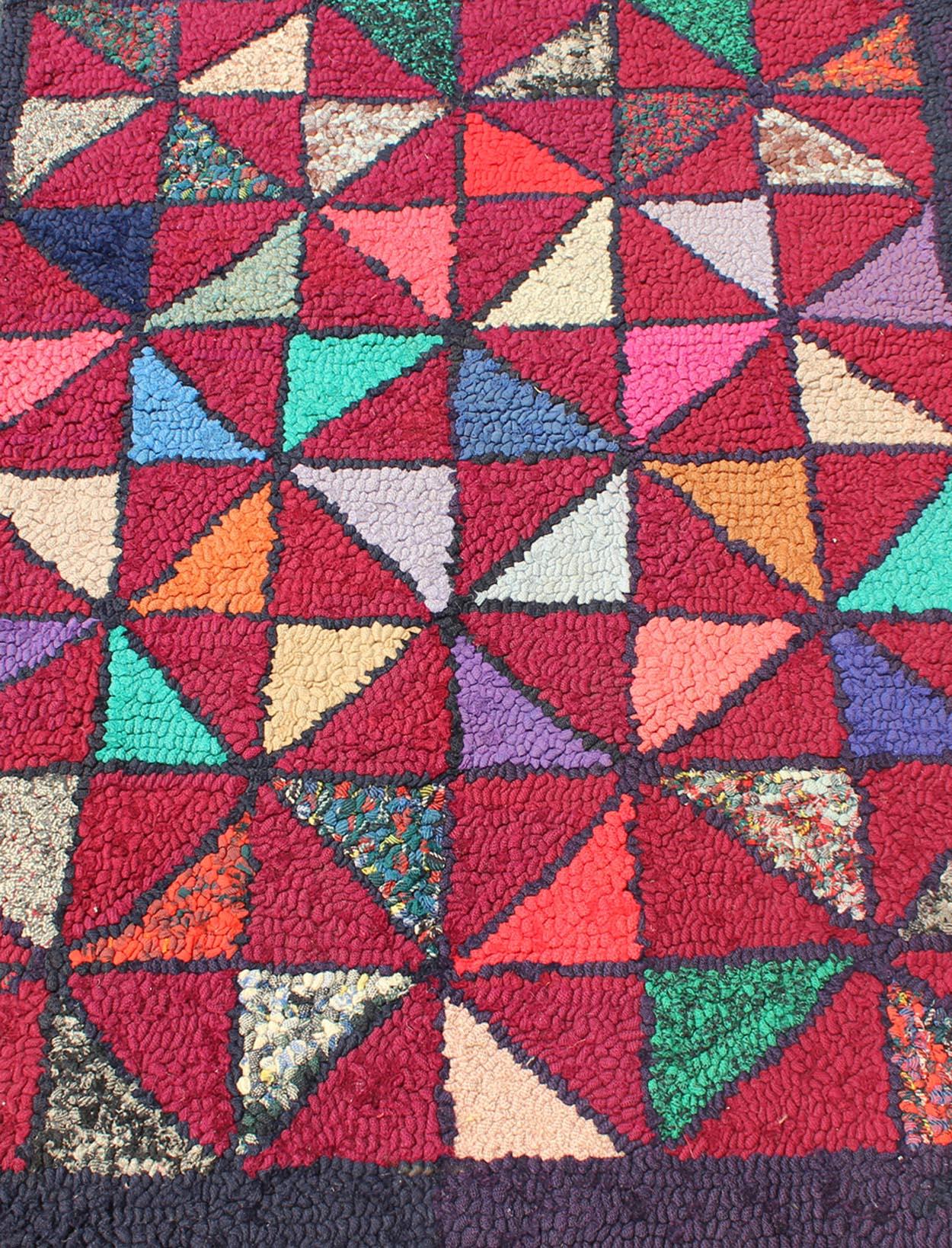 Checkerboard Vintage American Hooked Rug with Geometric Designs In Good Condition For Sale In Atlanta, GA