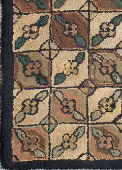 Checkered and Leaf Design American Hooked Rug in Earth Tones