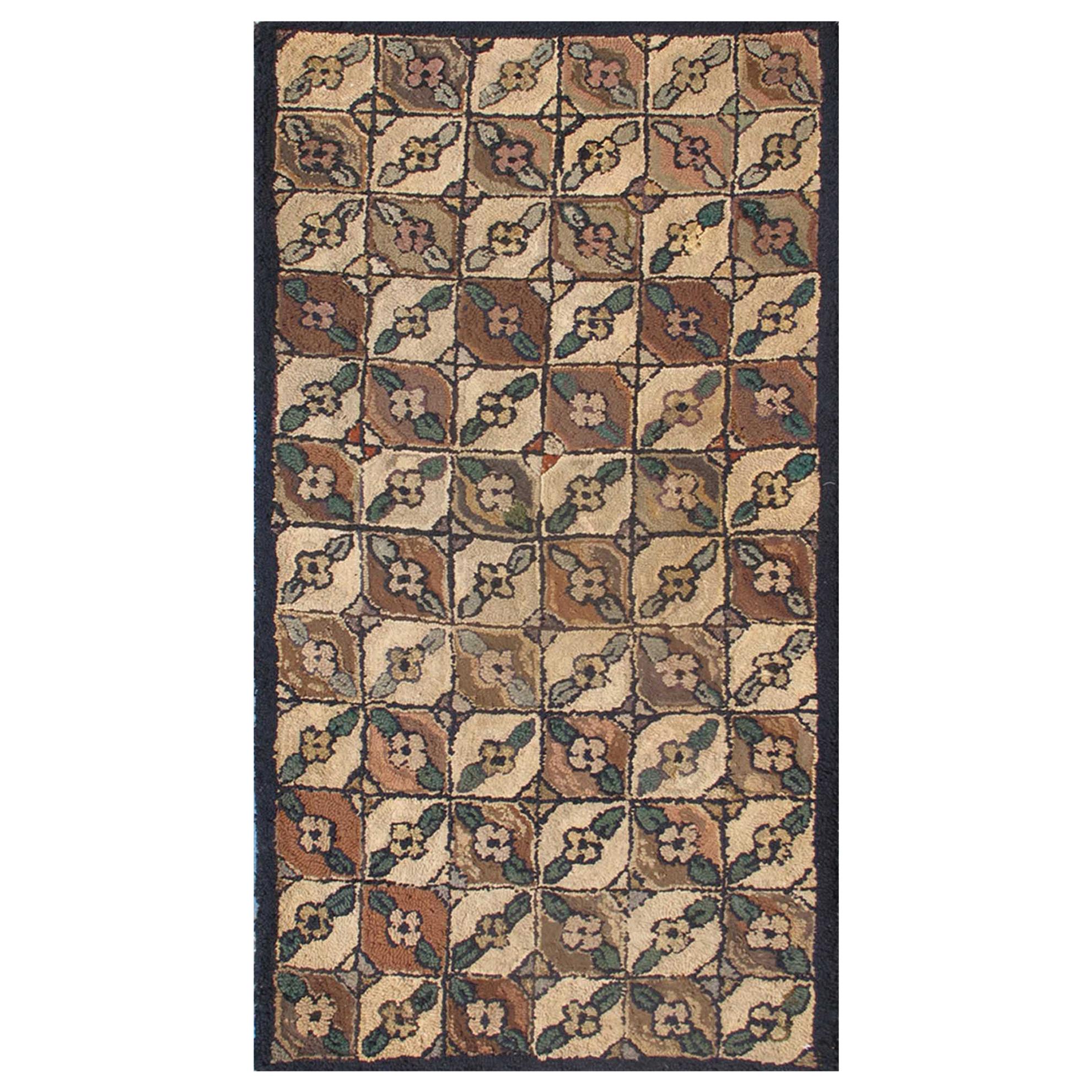 Checkered and Leaf Design American Hooked Rug in Earth Tones