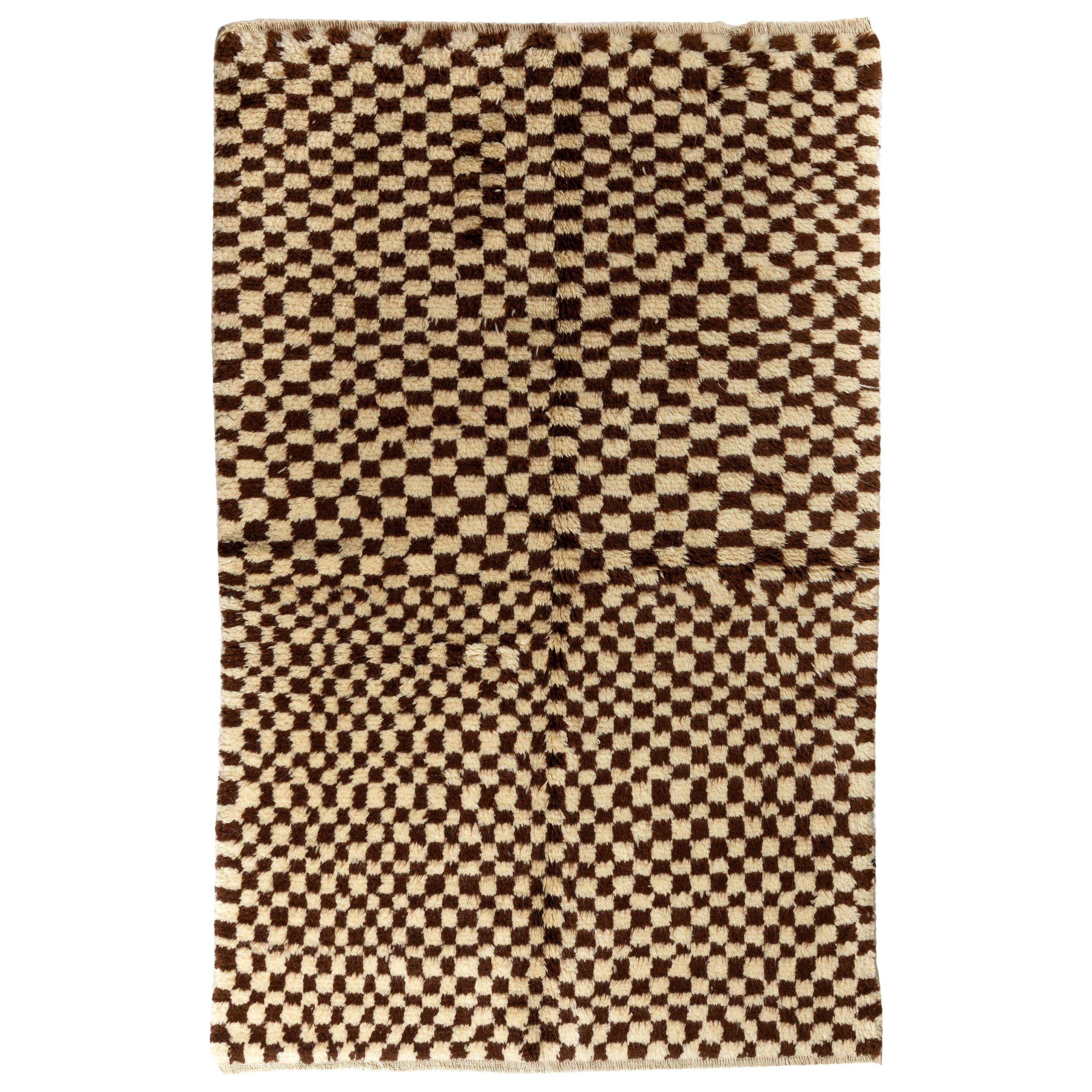 5x8.3 Ft Custom Handmade Checkered Design Tulu Rug in Brown and Mustard