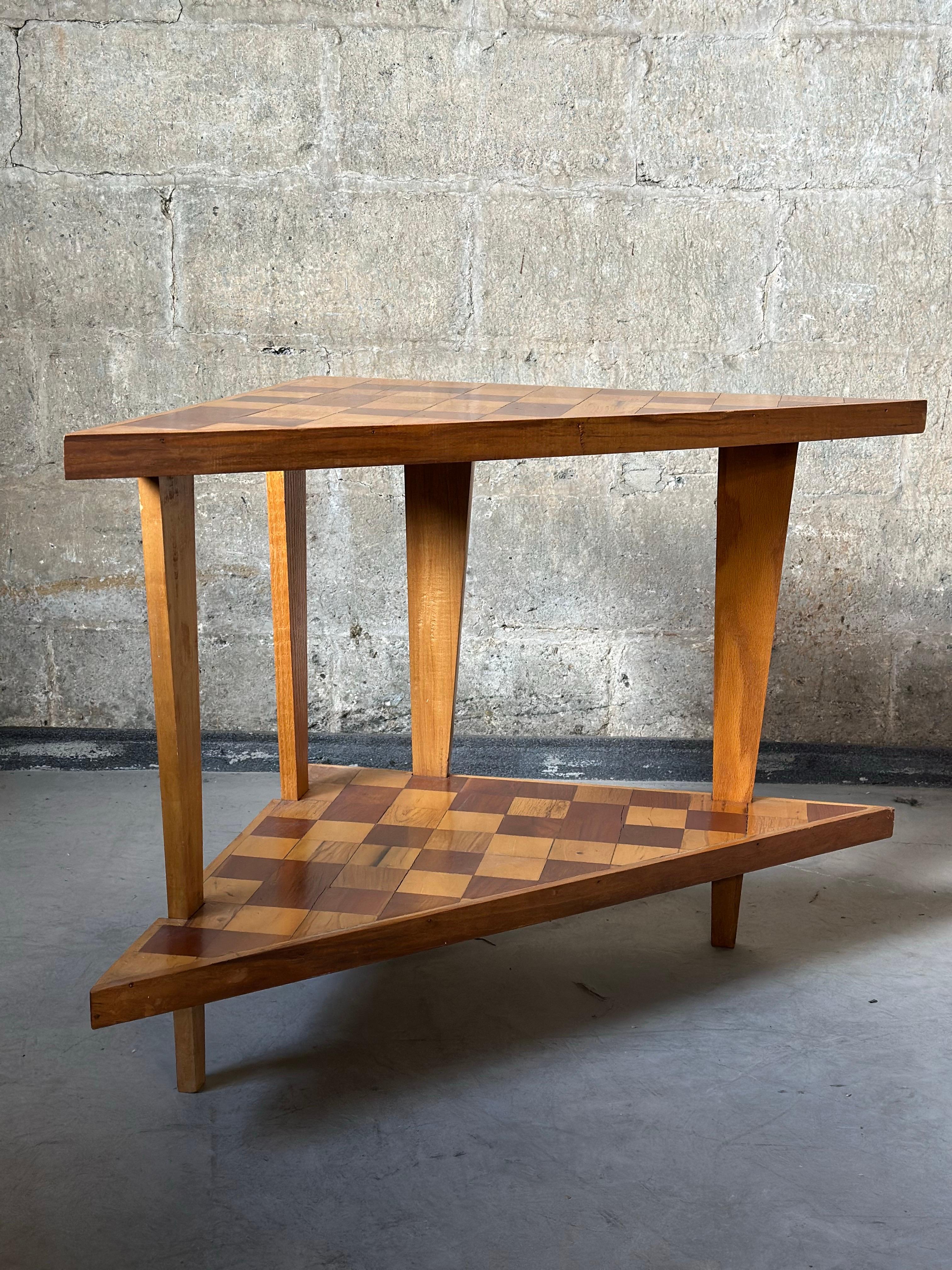 A special corner piece. A side table of two toned wood with mixed use of maple & walnut in a checkerboard pattern. Two levels on shelving makes it extra functional with a great look to match. 