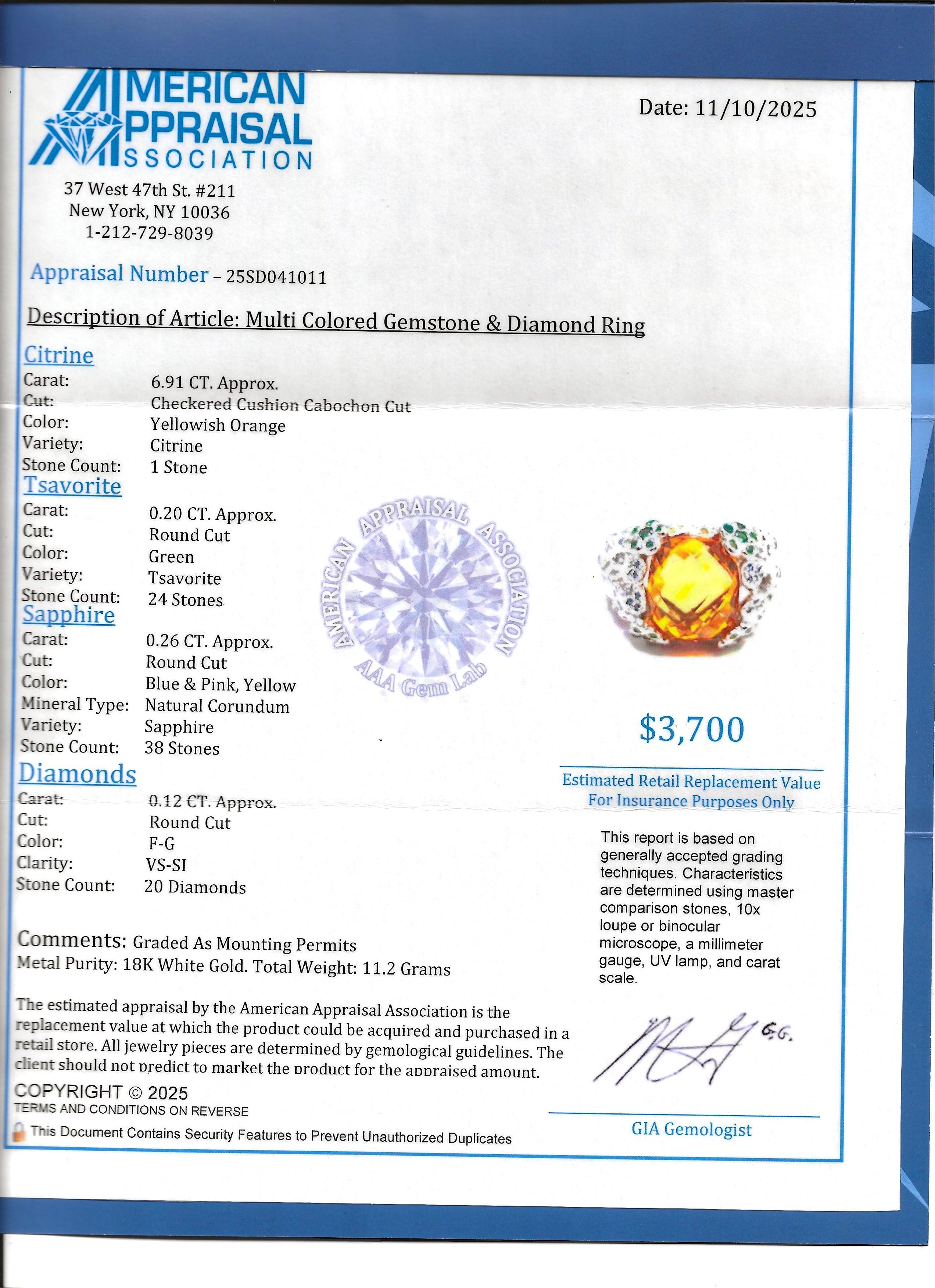 Anello Cocktail con Citrino a Cuscino e Multi Gemme a Scacchiera in Oro Bianco 18 Karati in vendita 8