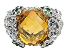 Checkered Cushion Citrine and Multi Gemstone Cocktail Ring 18 Karat White Gold