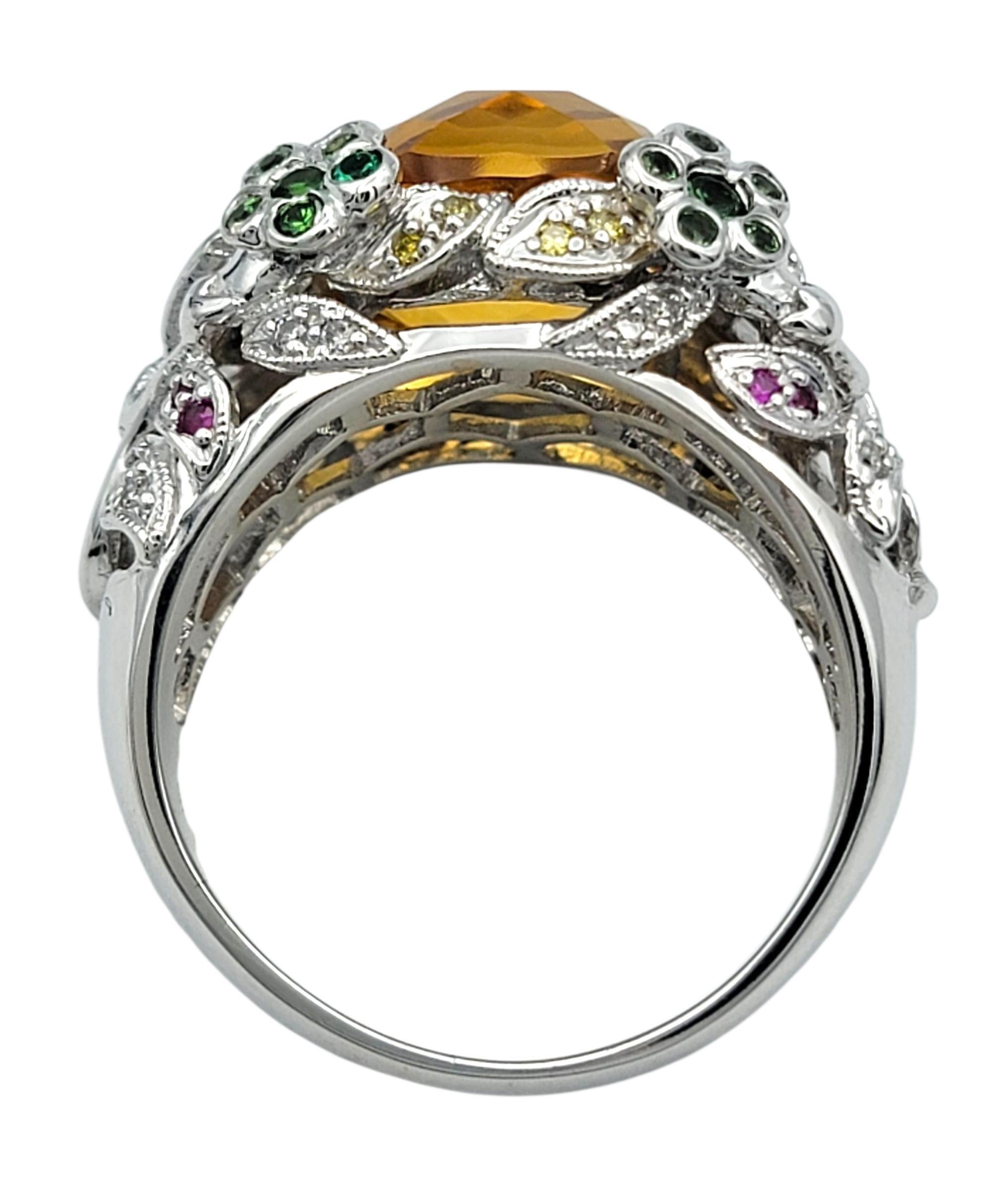 Donna Anello Cocktail con Citrino a Cuscino e Multi Gemme a Scacchiera in Oro Bianco 18 Karati in vendita