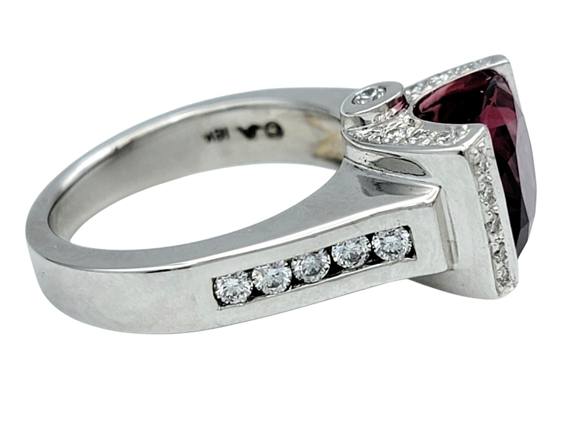 Contemporary Checkered Cushion Cut Pink Tourmaline and Diamond Cocktail Ring in 18 Karat Gold For Sale