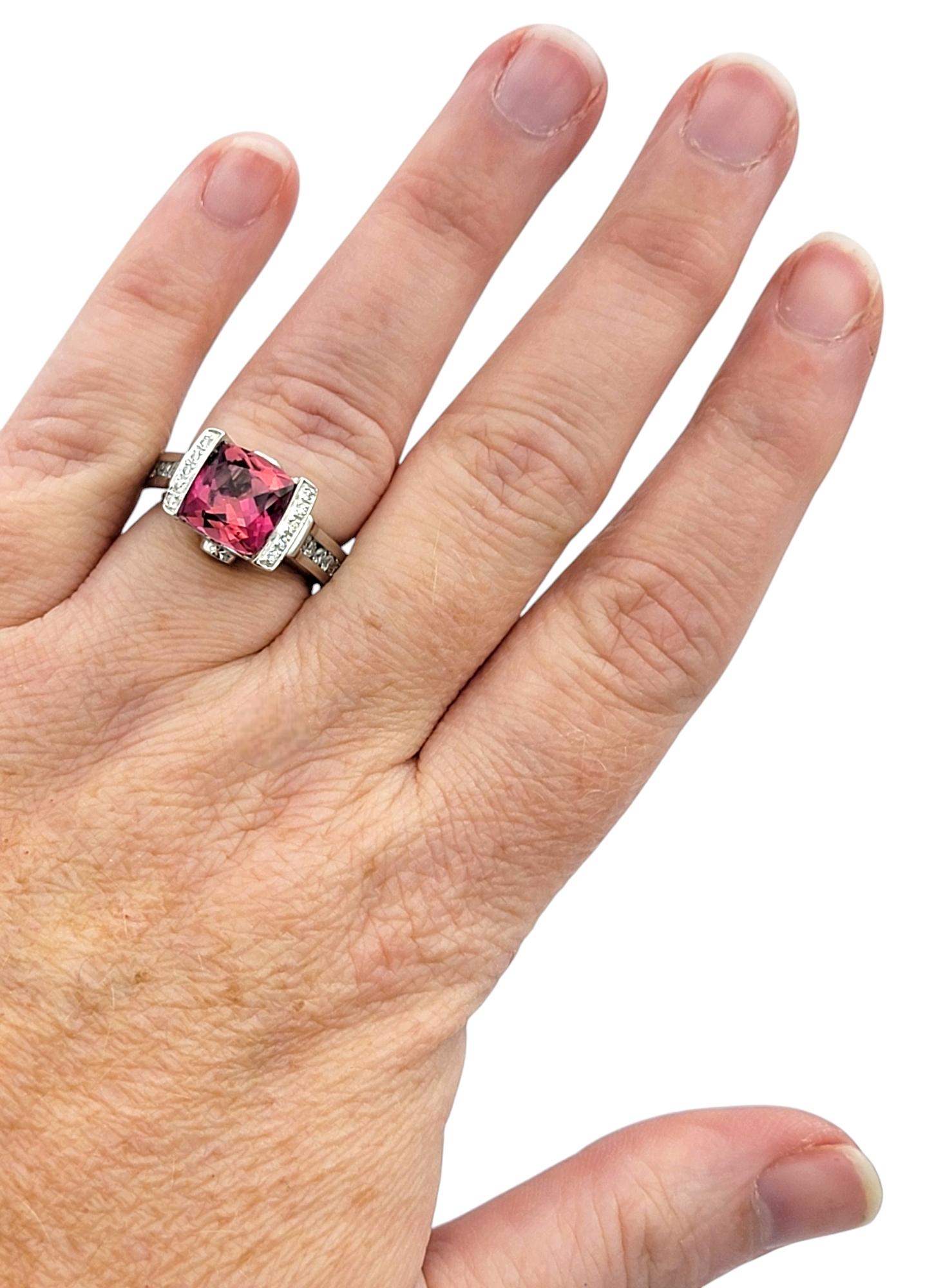 Checkered Cushion Cut Pink Tourmaline and Diamond Cocktail Ring in 18 Karat Gold For Sale 3