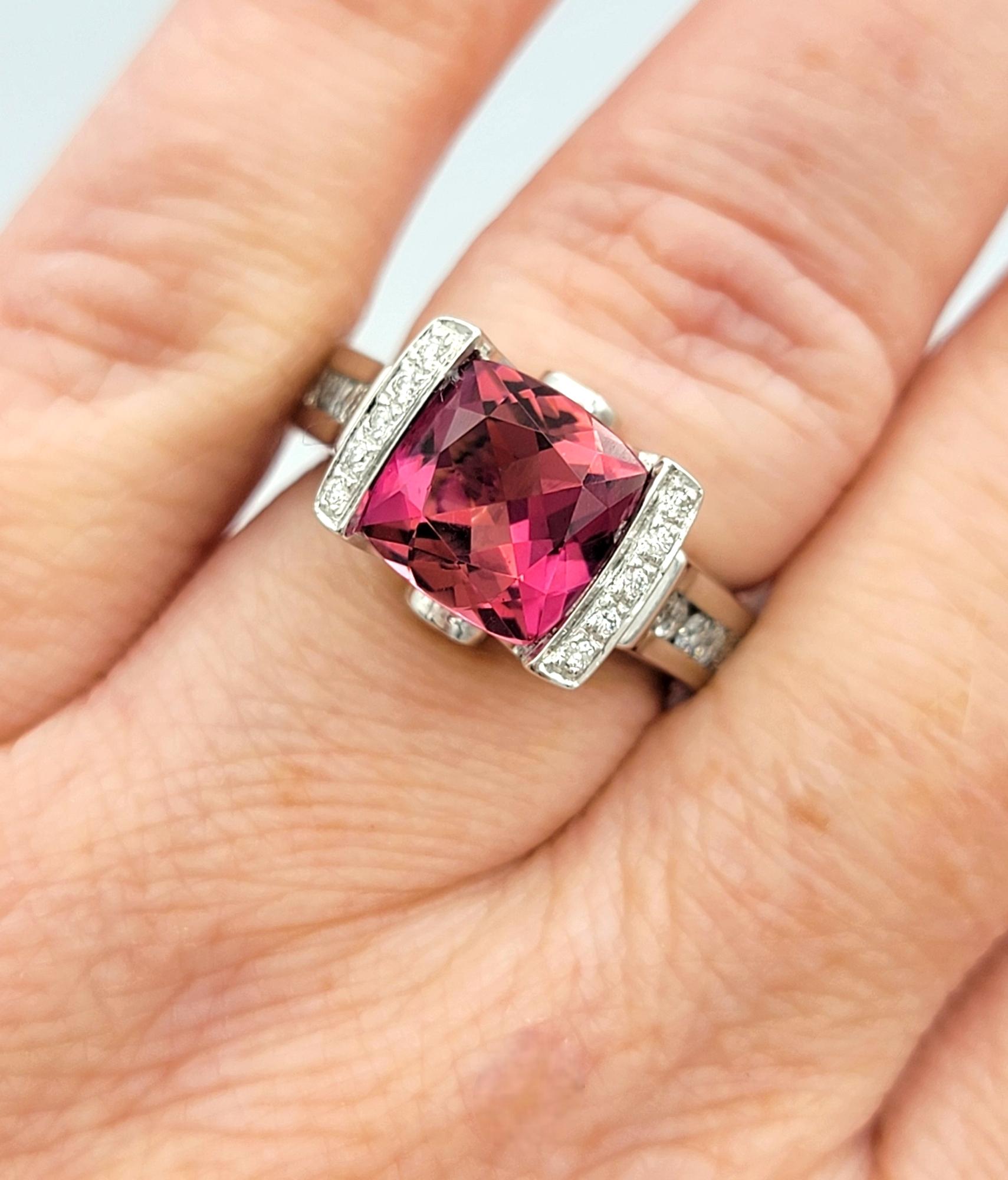 Checkered Cushion Cut Pink Tourmaline and Diamond Cocktail Ring in 18 Karat Gold For Sale 4