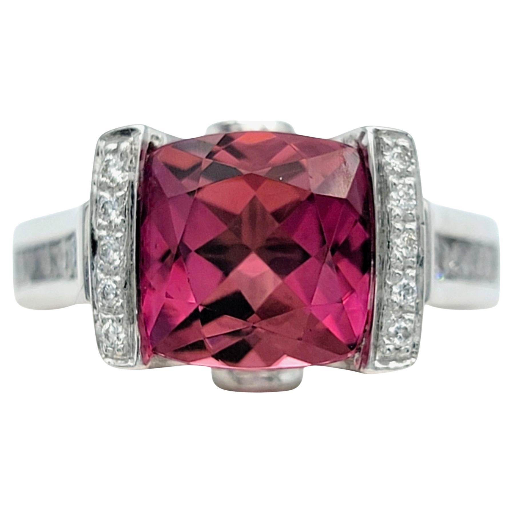 Checkered Cushion Cut Pink Tourmaline and Diamond Cocktail Ring in 18 Karat Gold For Sale