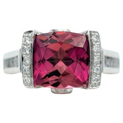 Checkered Cushion Cut Pink Tourmaline and Diamond Cocktail Ring in 18 Karat Gold