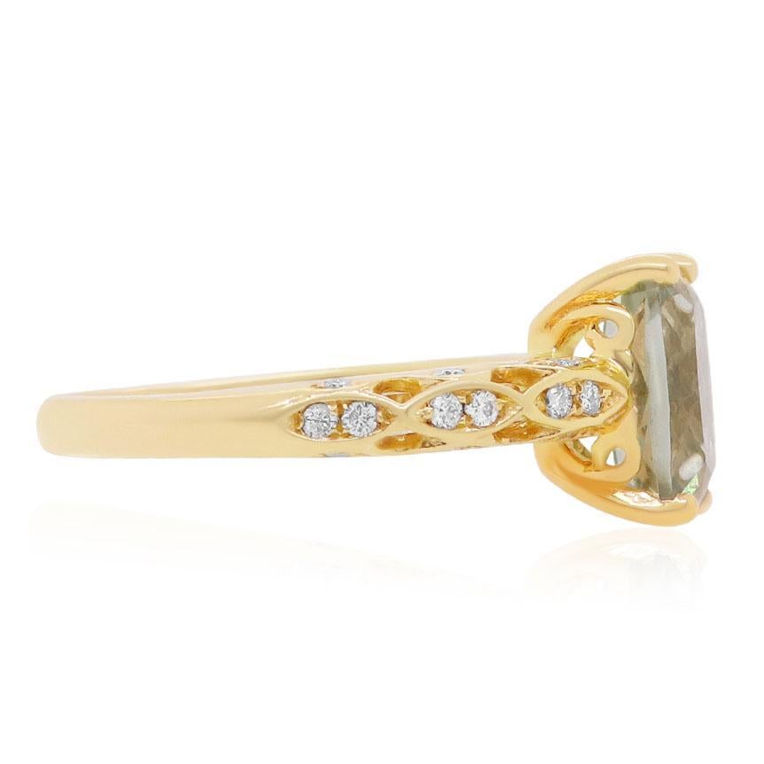 Contemporary Checkered Cut Green Amethyst 14 Karat Yellow Gold Diamond Art Deco Style Ring