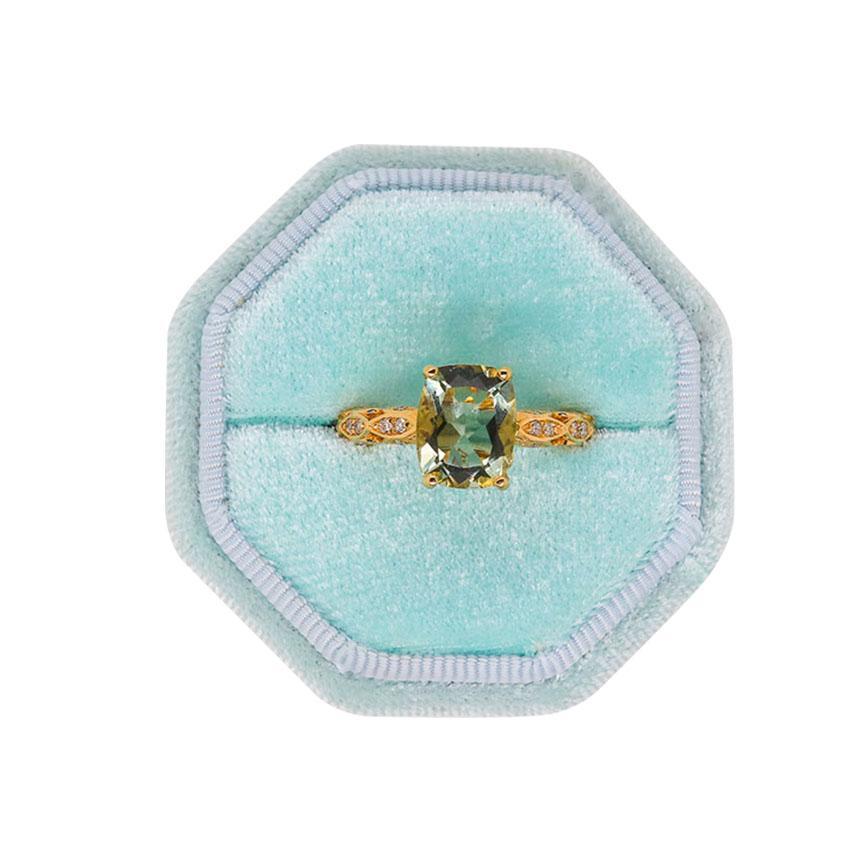 Women's Checkered Cut Green Amethyst 14 Karat Yellow Gold Diamond Art Deco Style Ring