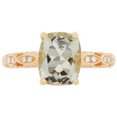 Checkered Cut Green Amethyst 14 Karat Yellow Gold Diamond Art Deco Style Ring