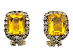 Checkered Emerald Cut Citrine Stud Earrings with Brown & White Diamonds 14K Gold