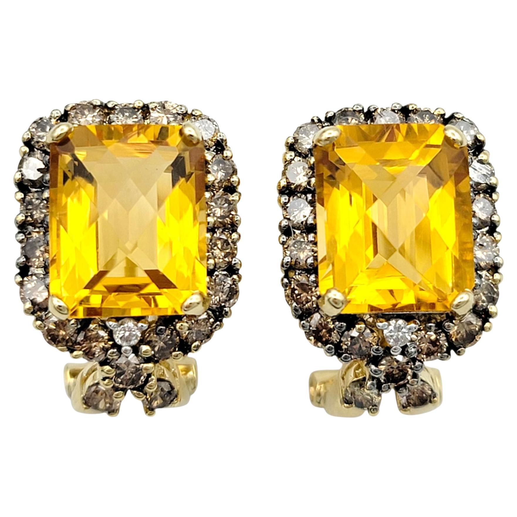 Checkered Emerald Cut Citrine Stud Earrings with Brown & White Diamonds 14K Gold