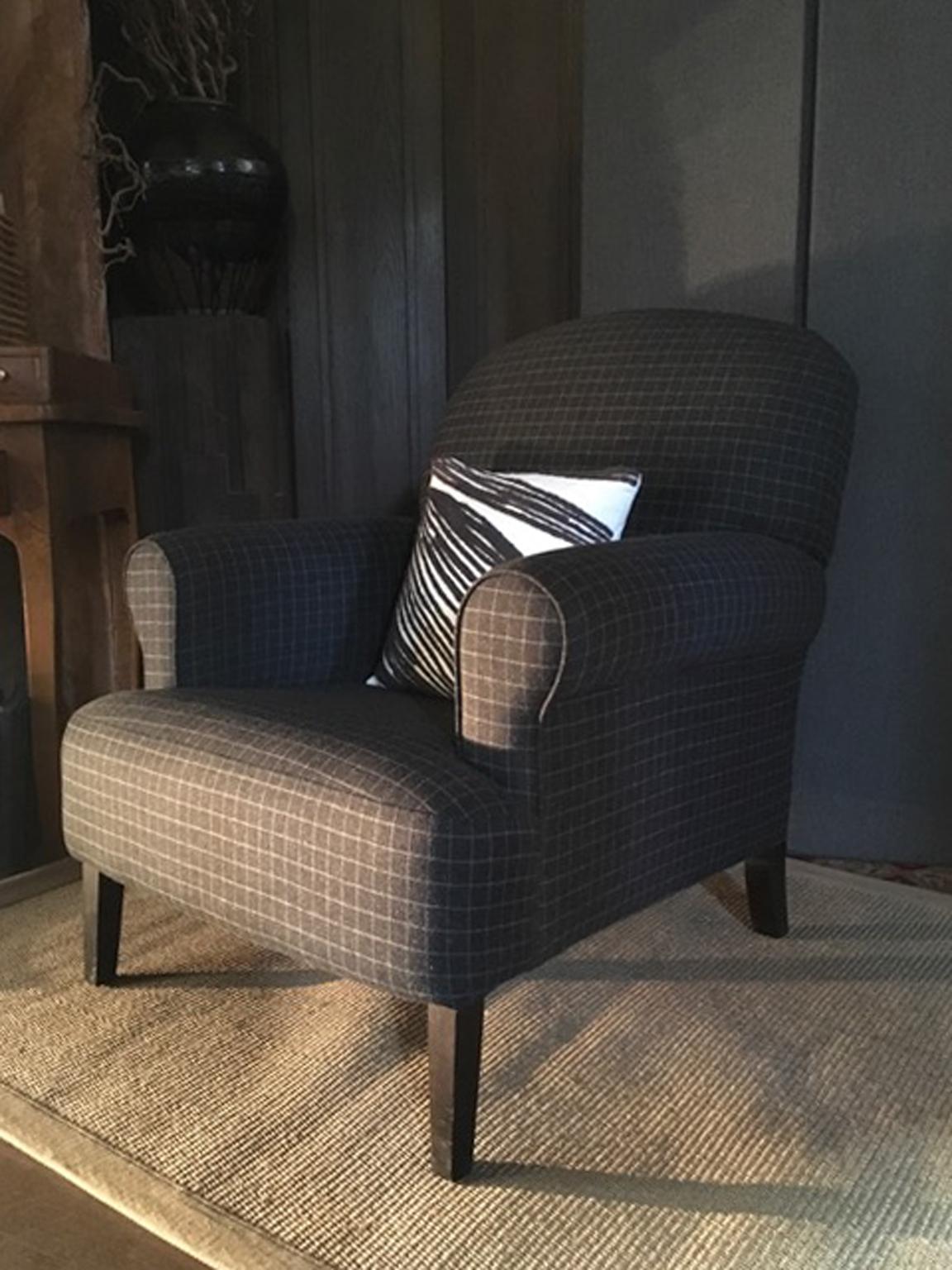 Wool Checkered Grey Fabric Upholstered Armchair