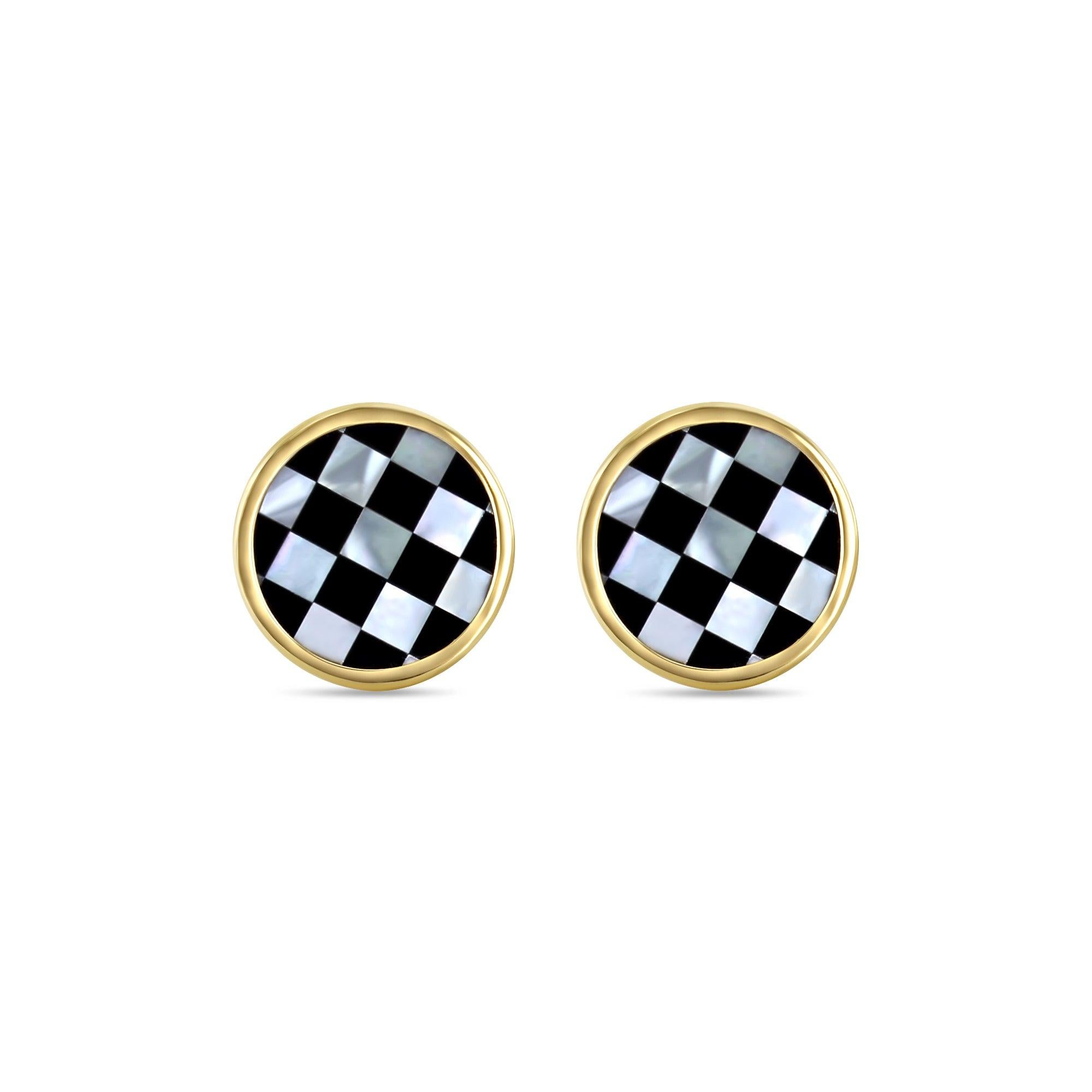 Checkered Mother of Pearl & Onyx Cuff Links with 14k Yellow Gold Bezel