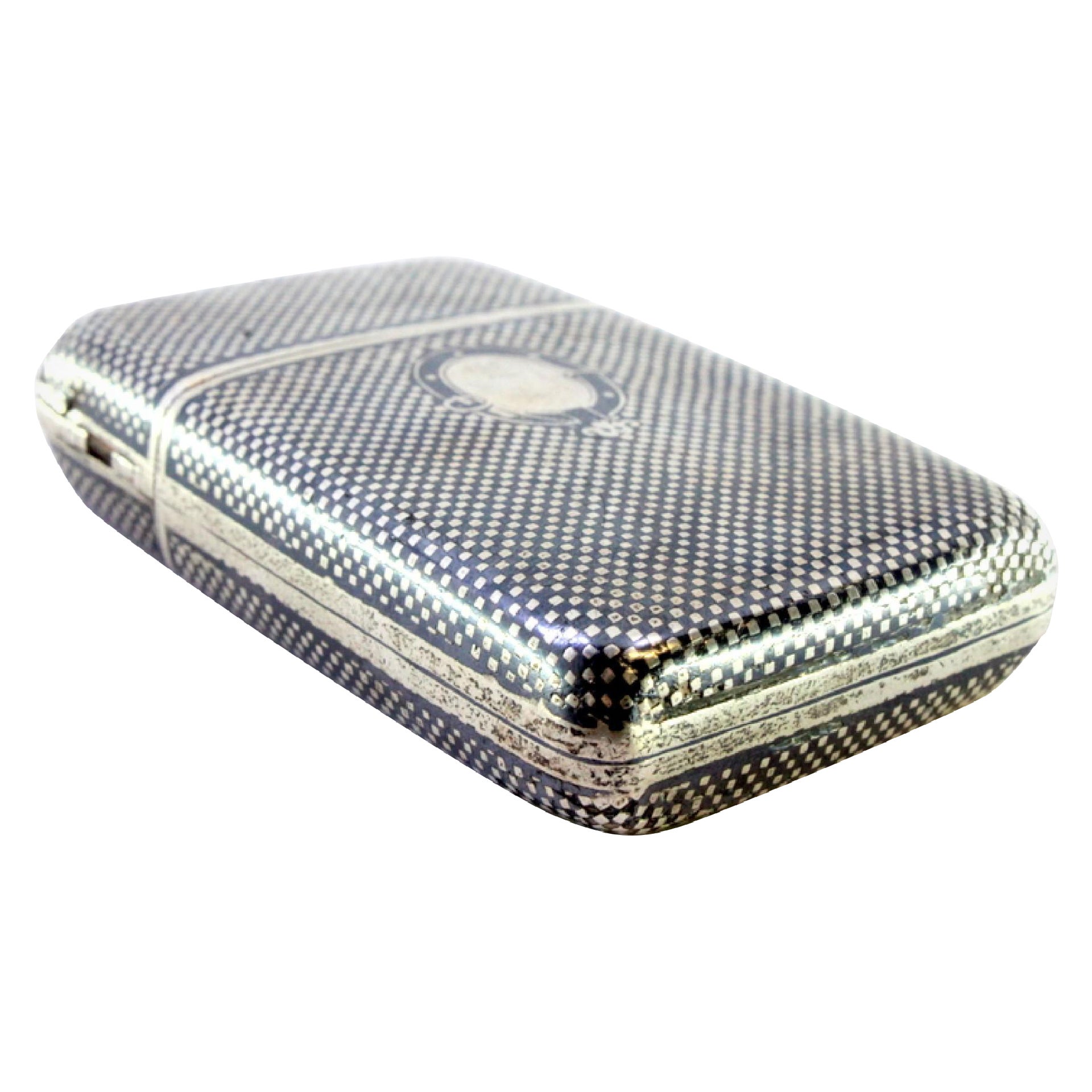 Checkered nickel silver case with monogram plate, insert, spring-hinged lid