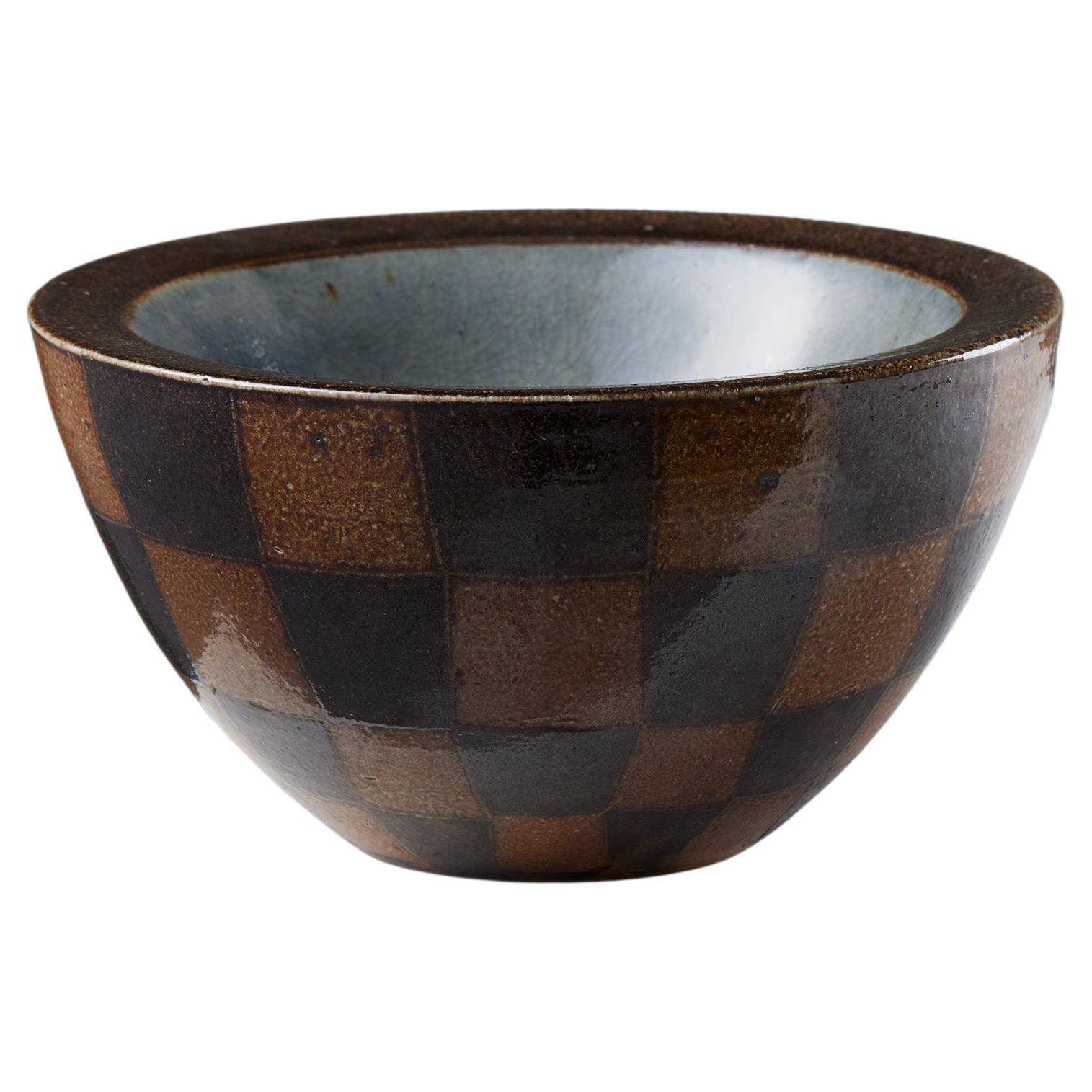 Checkered Stoneware Bowl designed by Thord Karlsson, Sweden, 1990s, blue, brown For Sale