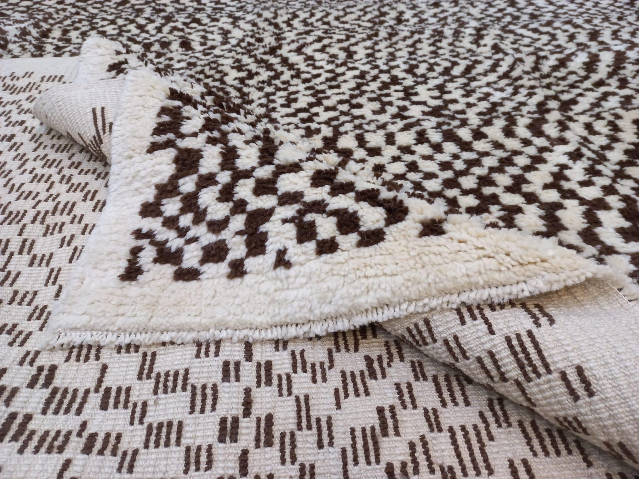 Checkered Tulu Rug, 100% Natural Wool, Cream and Brown, Custom Options Available For Sale 5