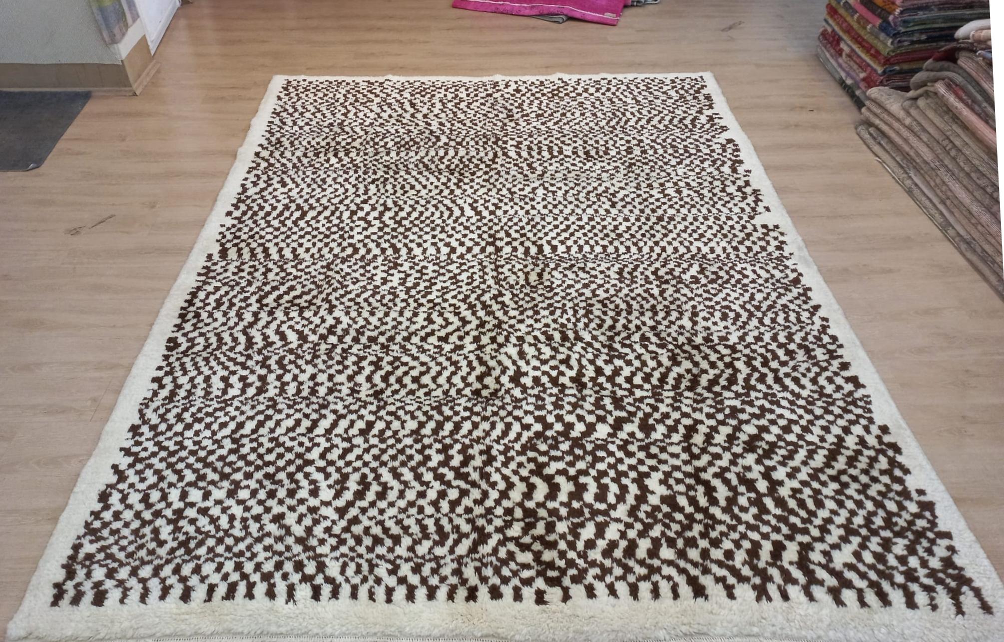 Checkered Tulu Rug, 100% Natural Wool, Cream and Brown, Custom Options Available For Sale 6
