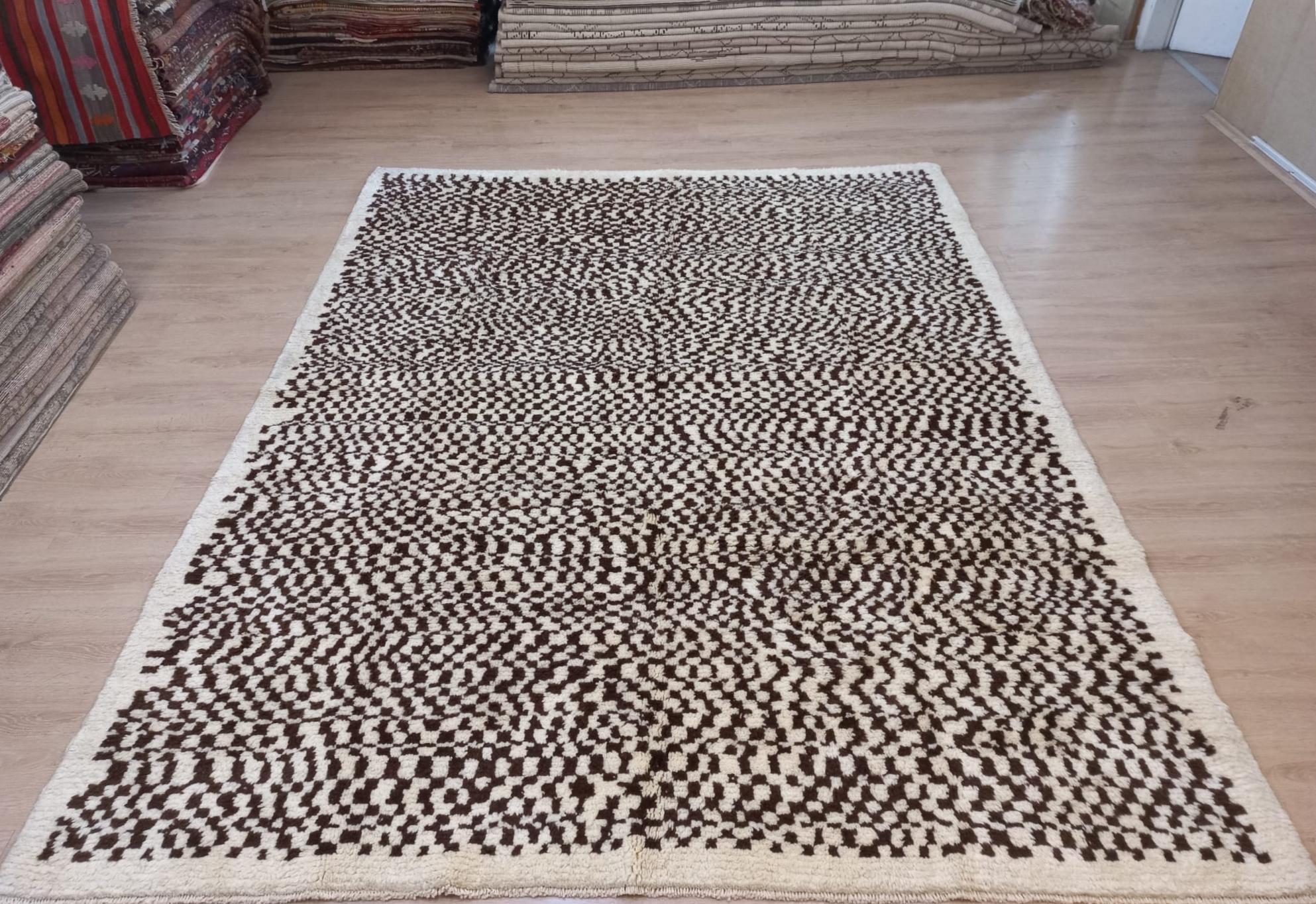 Checkered Tulu Rug, 100% Natural Wool, Cream and Brown, Custom Options Available For Sale 7