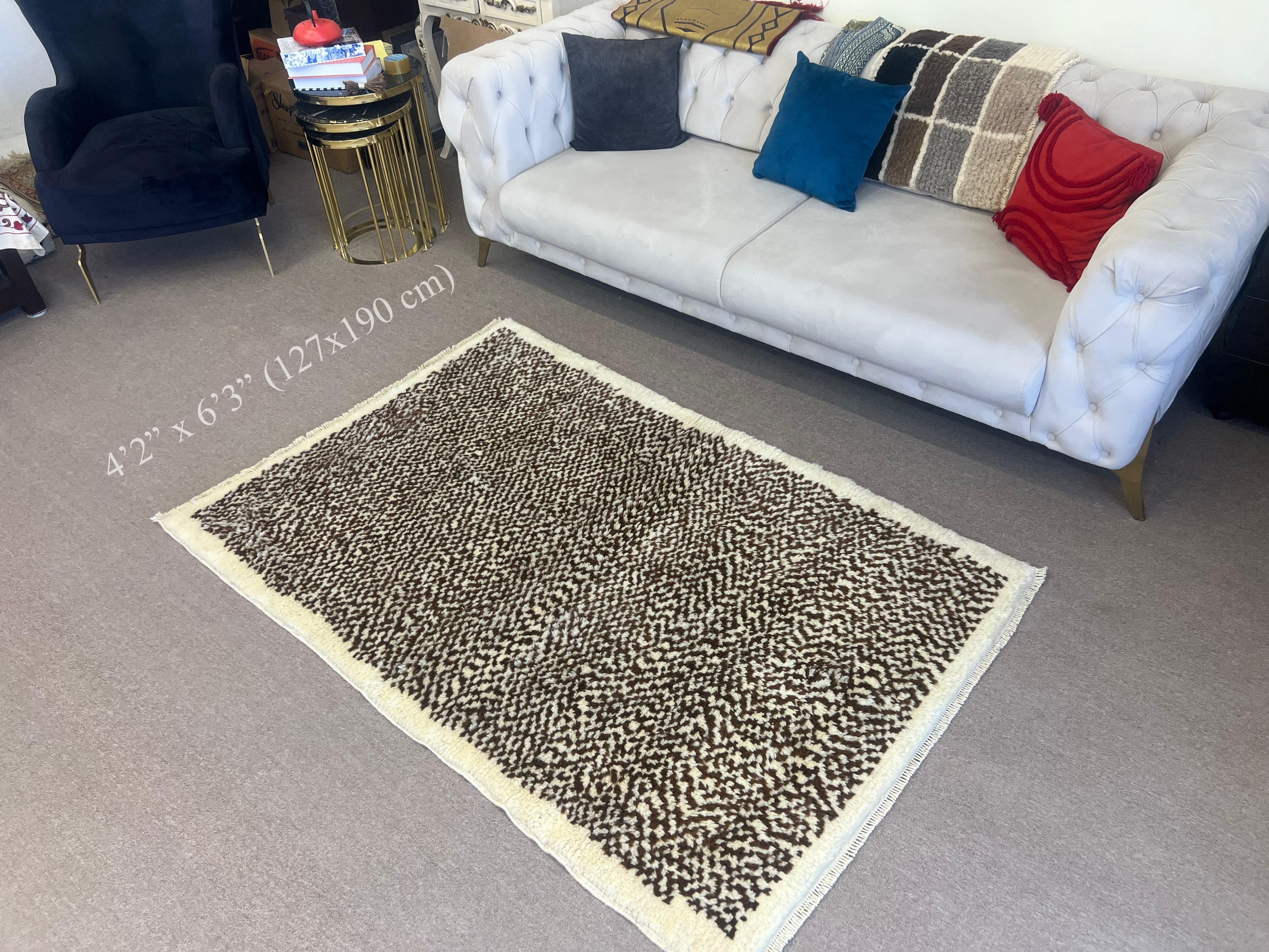 Tapis Tulu à carreaux, 100% Laine Naturelle, Crème et Brown, Options personnalisées disponibles en vente 11