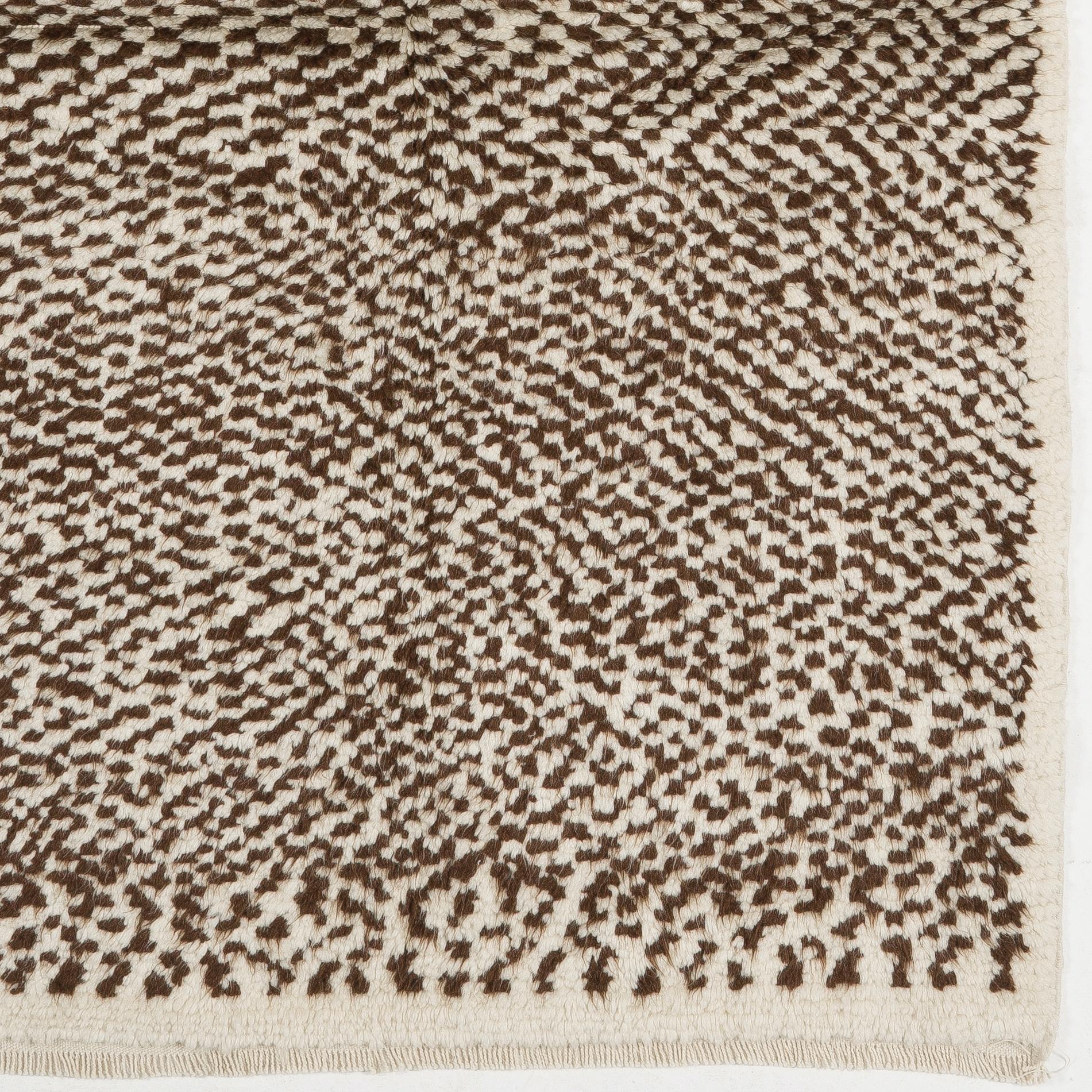 Hand-Knotted Checkered Tulu Rug, 100% Natural Wool, Cream and Brown, Custom Options Available For Sale