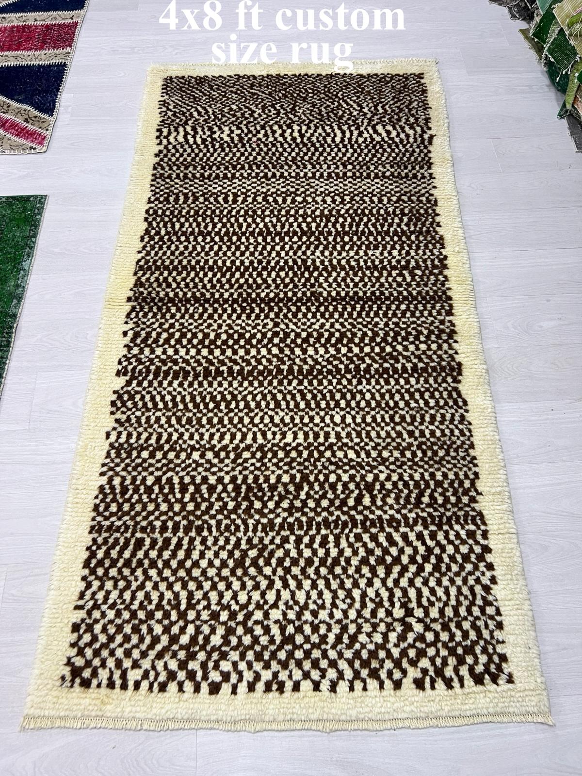 Checkered Tulu Rug, 100% Natural Wool, Cream and Brown, Custom Options Available For Sale 3