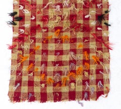 3x7 Ft  Checkered Vintage Kilim Rug with Red and  Green Colors and Wool Pom Poms