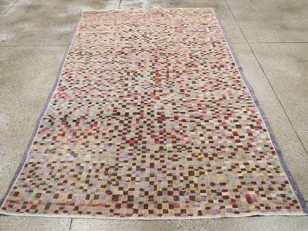 Hand-Knotted Checkered Vintage Turkish Anatolian Handmade Accent Rug For Sale