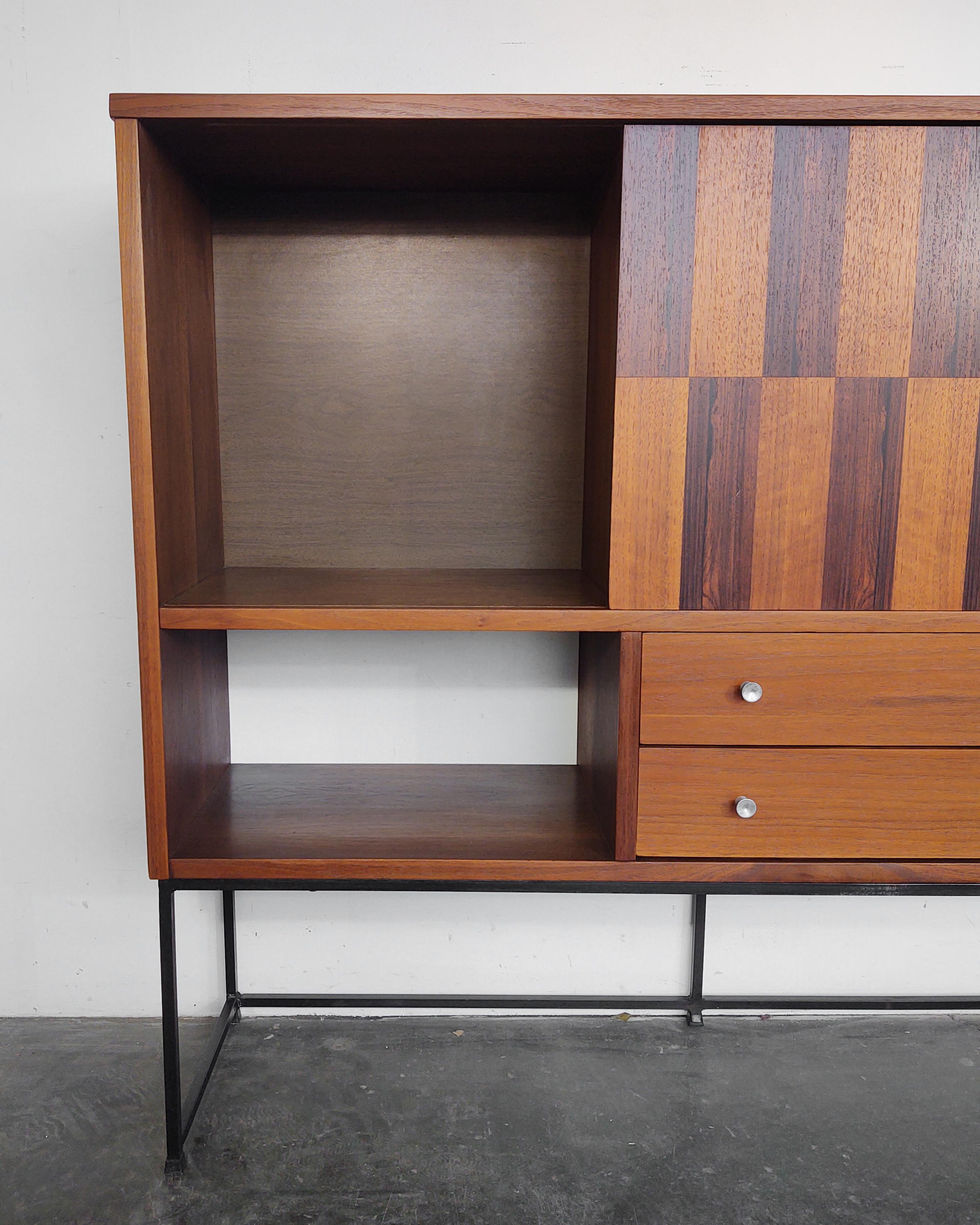 Mid-Century Modern Checkered Walnut + Rosewood Wall Unit Cabinet by Stanley