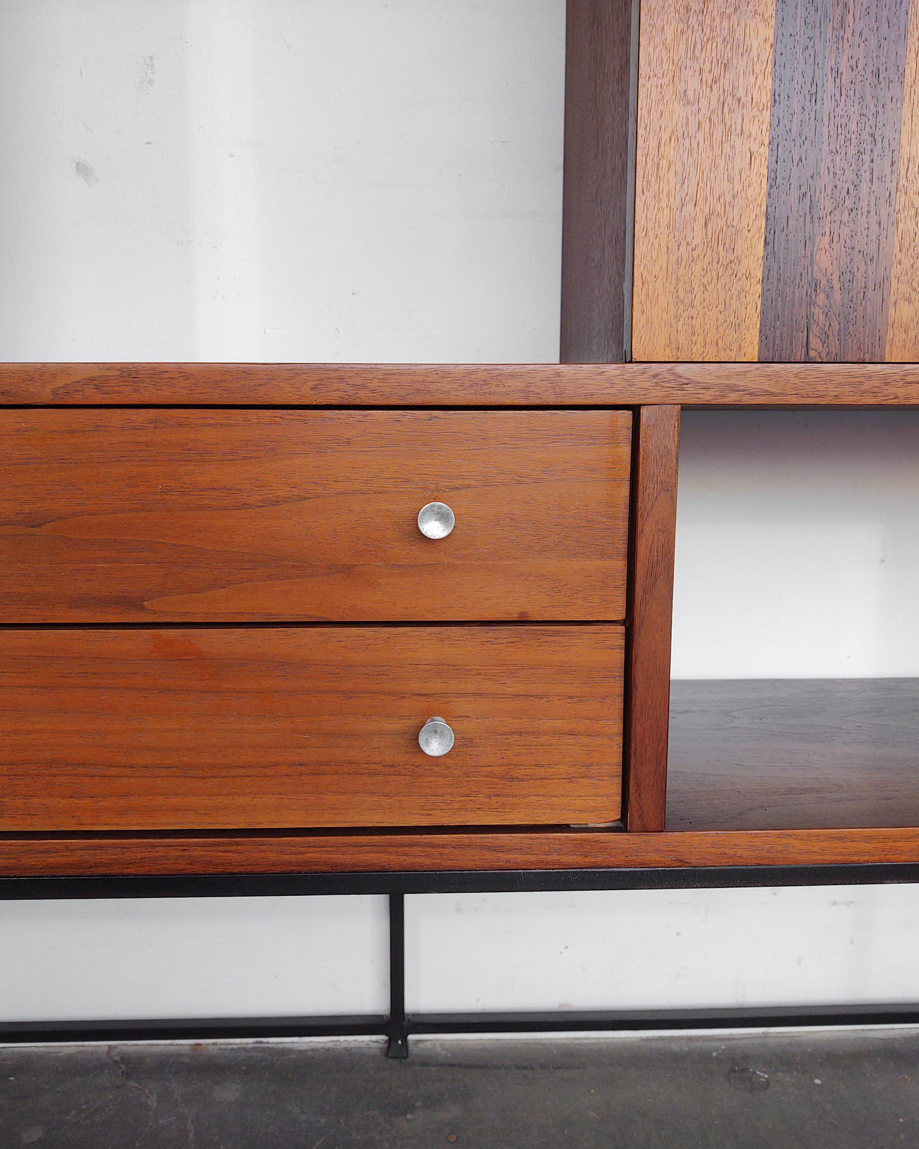 Checkered Walnut + Rosewood Wall Unit Cabinet by Stanley In Good Condition In Hawthorne, CA