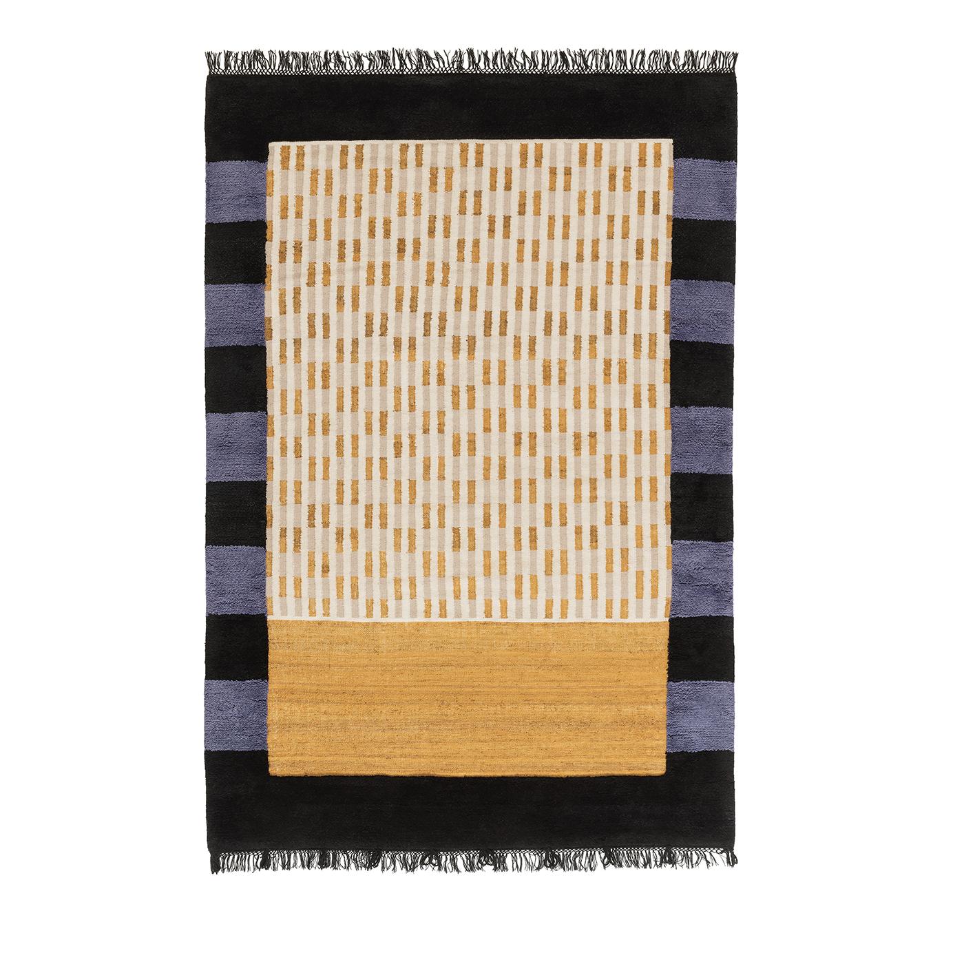 Unique and modern, this rug will make a statement in any contemporary decor. It was entirely hand woven using a mix of 45% wool, 45% jute, and 10% cotton. The final effect is a combination of soft and coarse textures, with a decoration of