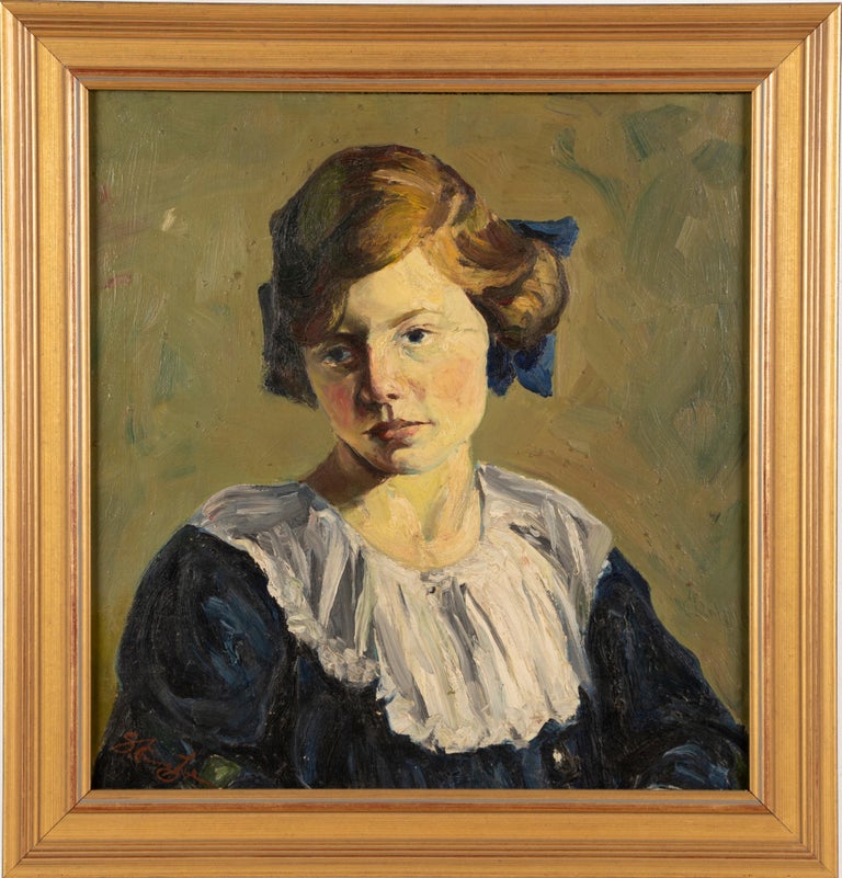 Antique impressionist painting of a young woman by Chee Chin S Cheung Lee (1896 - 1966).  Oil on board, circa 1920.  Signed.  Housed in a giltwood frame.  Image size, 18L x 17H.  