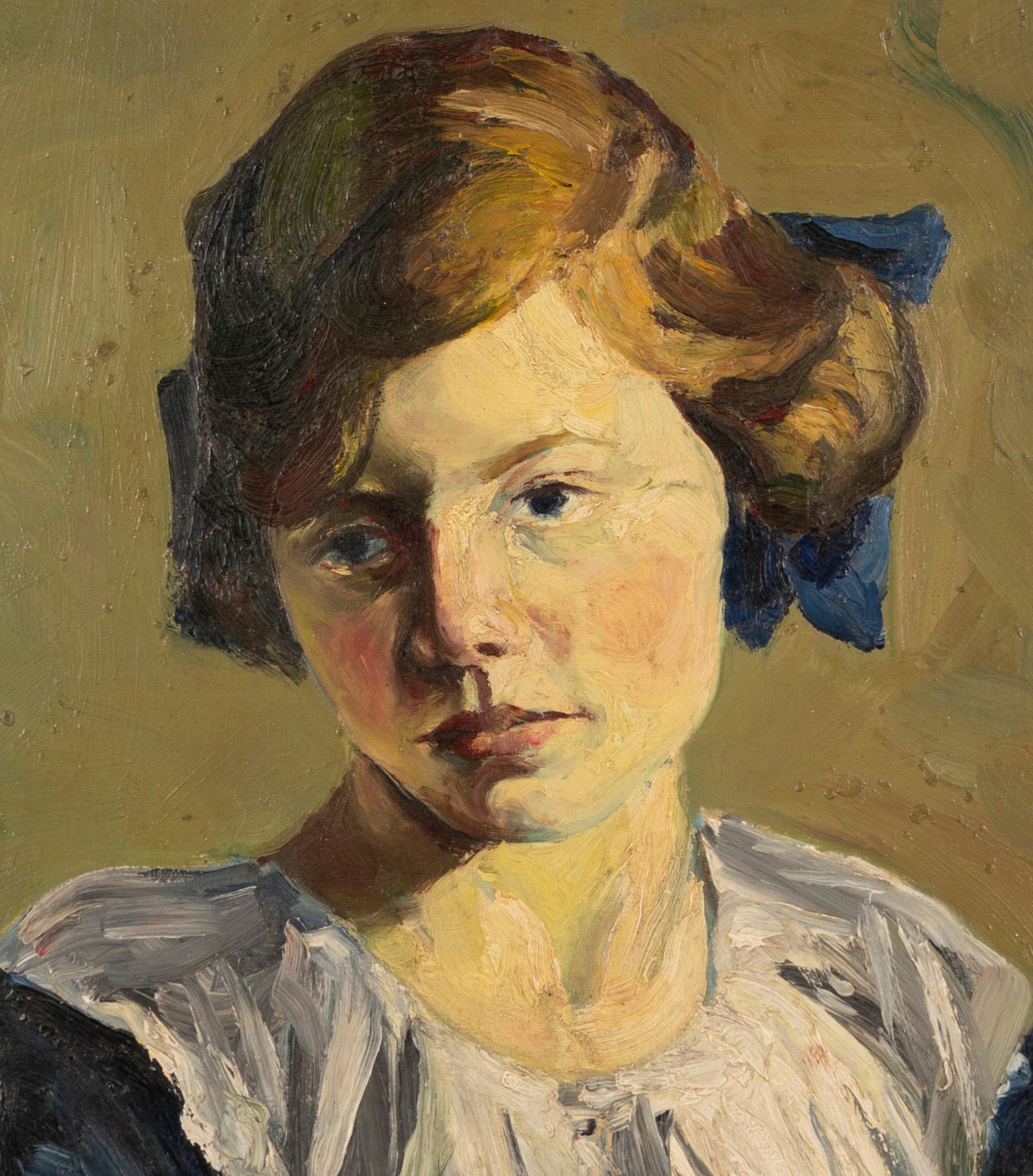 Antique impressionist painting of a young woman by Chee Chin S Cheung Lee (1896 - 1966).  Oil on board, circa 1920.  Signé.  Housed in a giltwood frame.  Image size, 18L x 17H.  