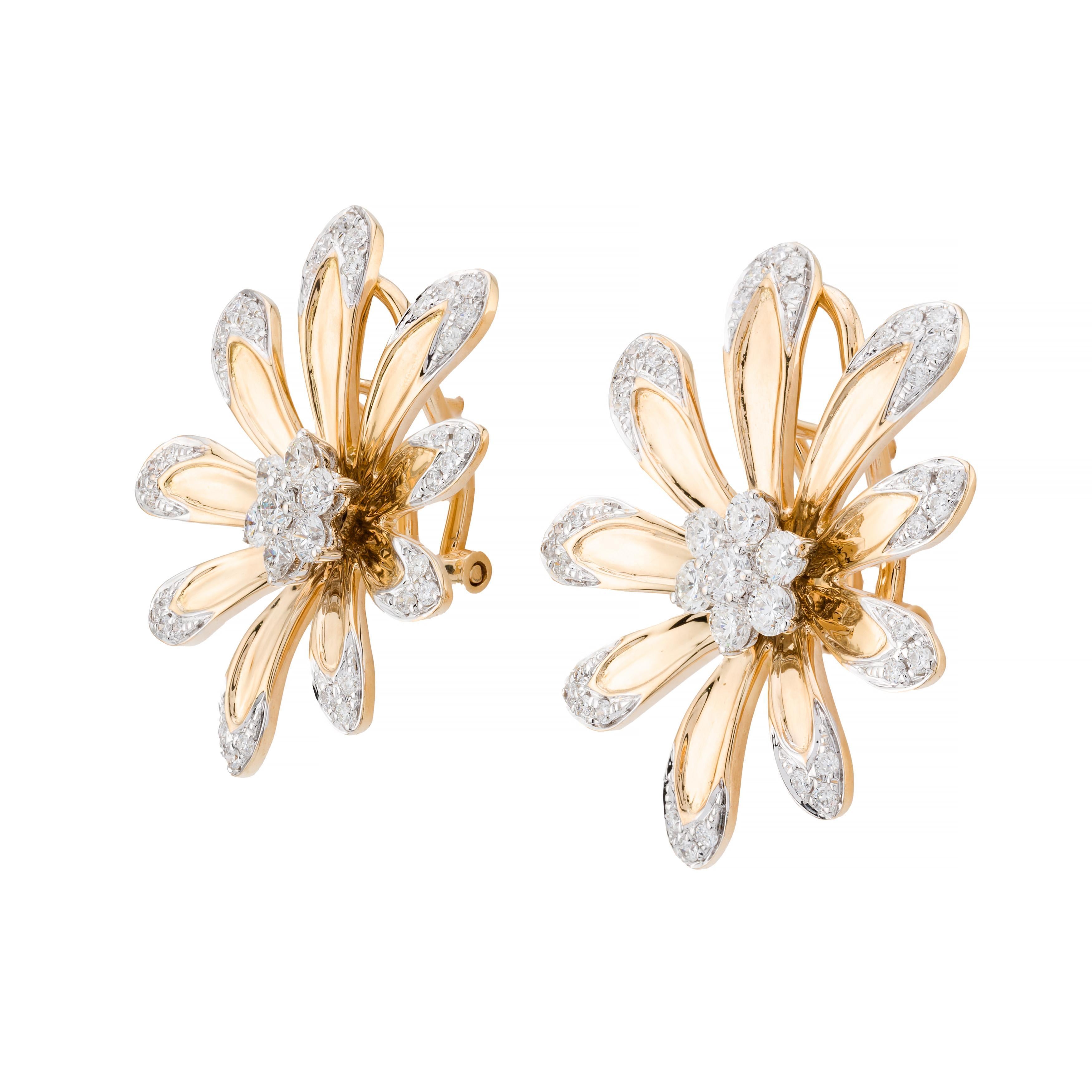 Contemporaneo Allegri orecchini con diamanti a forma di fiore in oro giallo 18 carati in vendita