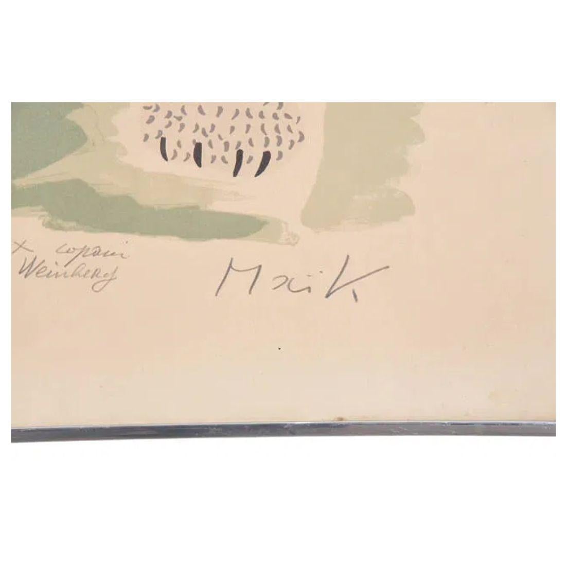 Charmante et fantaisiste, cette sérigraphie encadrée et signée d'Henri Maik capture l'innocence ludique de la nature à travers la palette de couleurs et le style onirique de l'artiste. La composition présente un lionceau, rendu avec des détails