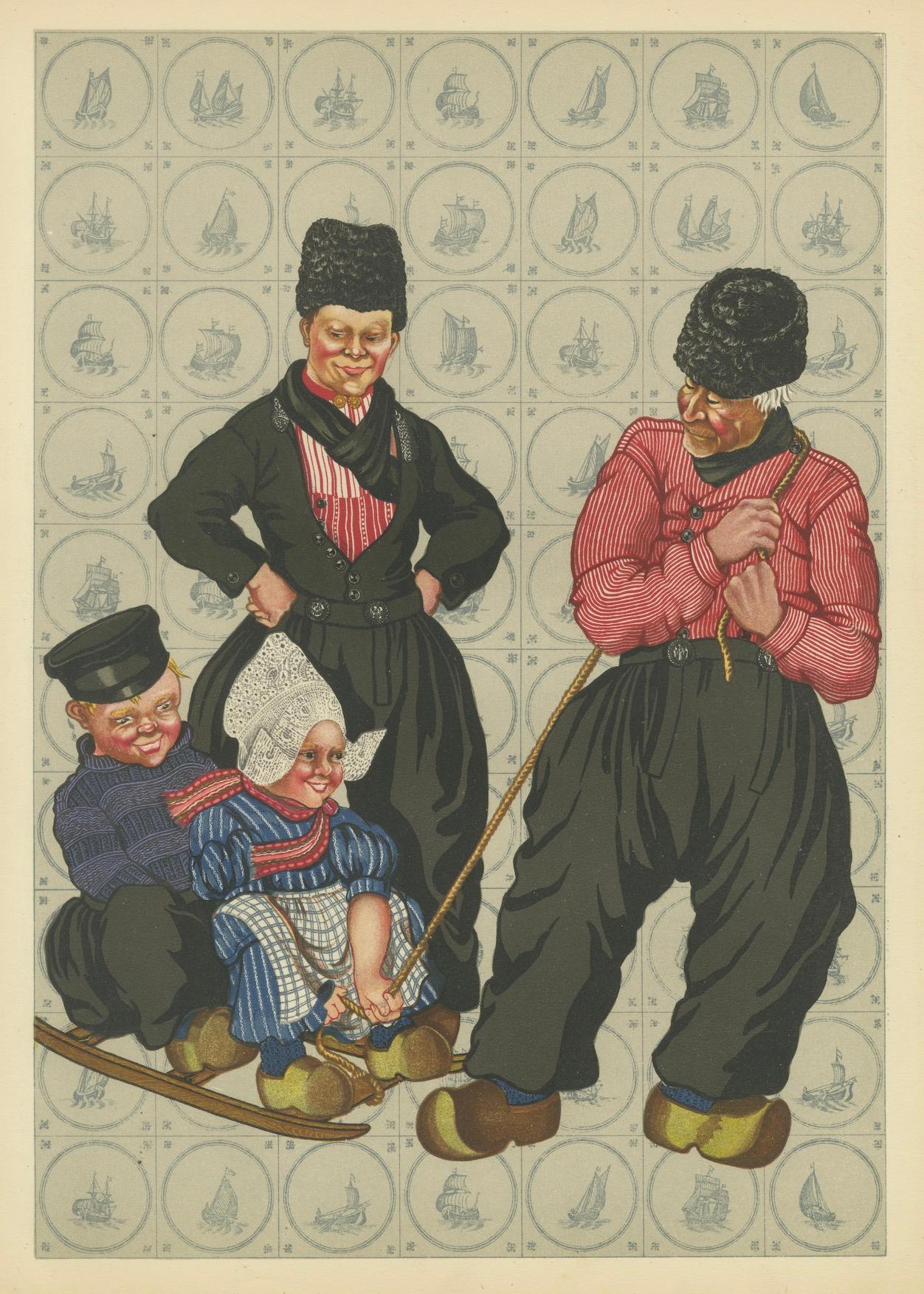 Alegre excursión de invierno: Hombres y niños de Volendam vestidos de fiesta (1932) en venta 2