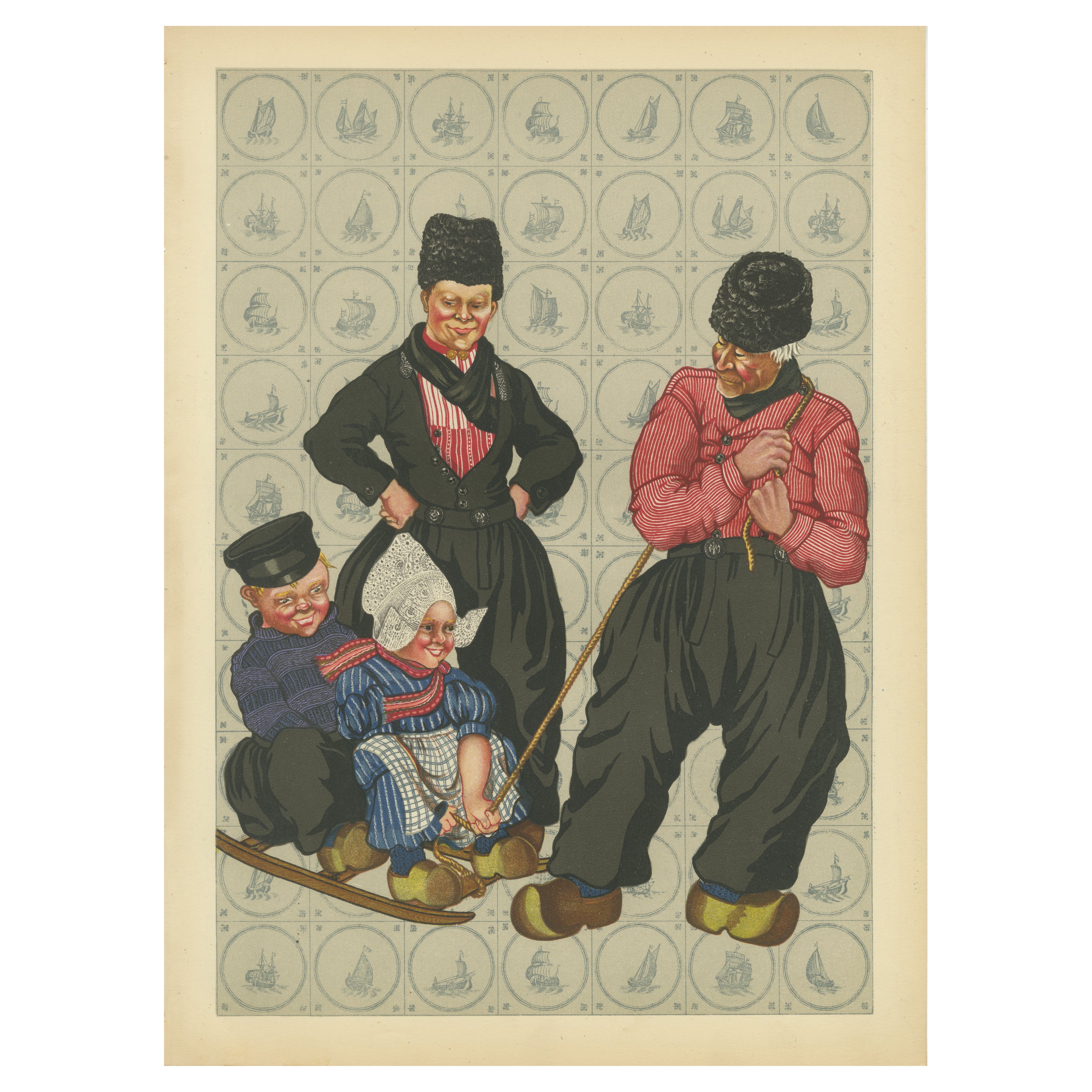 Alegre excursión de invierno: Hombres y niños de Volendam vestidos de fiesta (1932) en venta