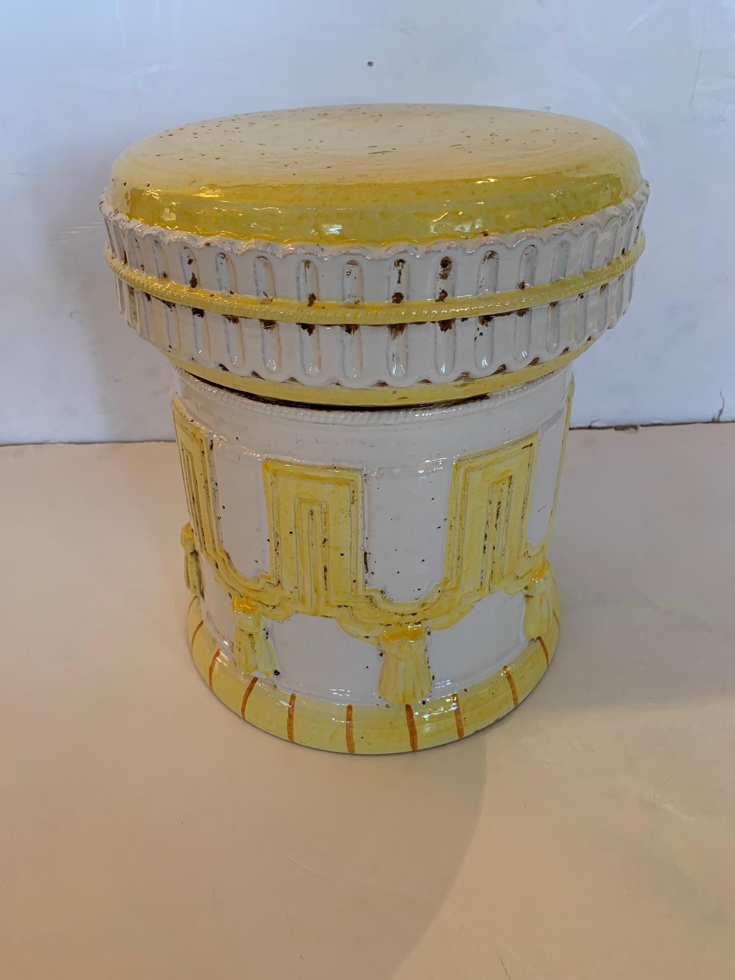 Ceramic Cheery Yellow and White Italian Garden Seat Accent Table