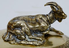 Cheese or Butter Dish, Brass with Blue Glass Liner and Goat Finial