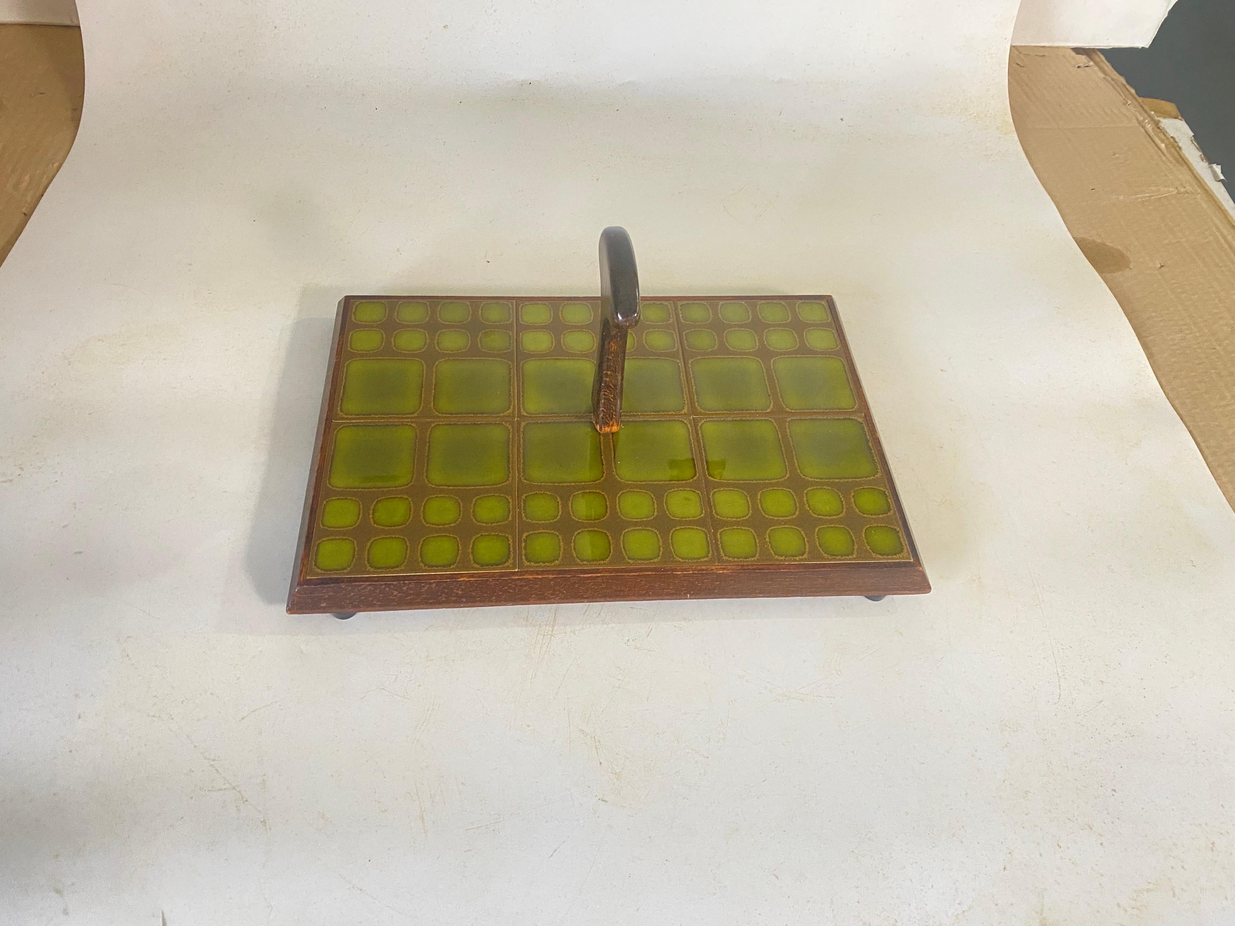 Cheese or Serving Tray in Ceramic and Wood France 1970s Brown Color For Sale 4