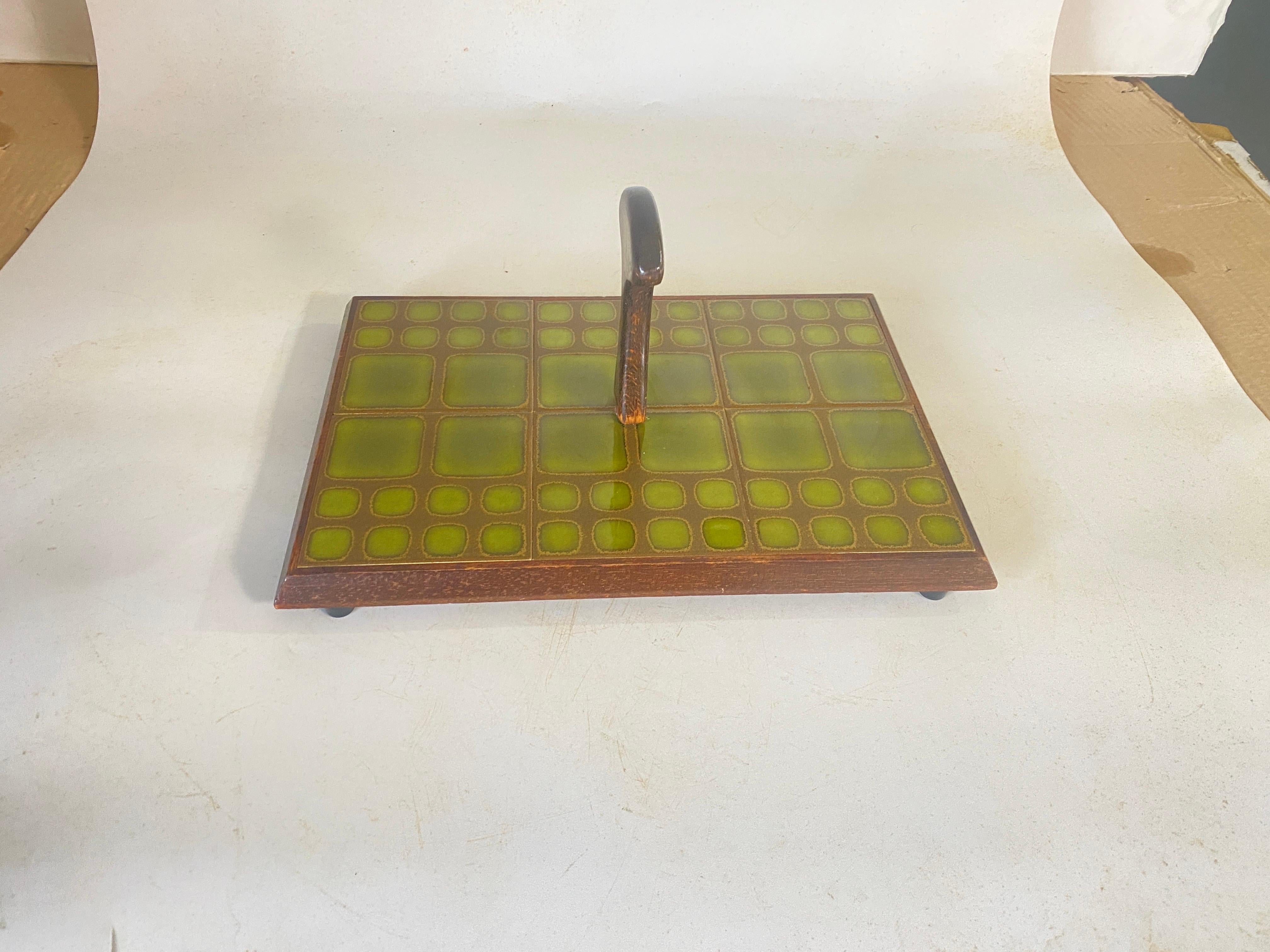 Cheese or Serving Tray in Ceramic and Wood France 1970s Brown Color For Sale 5