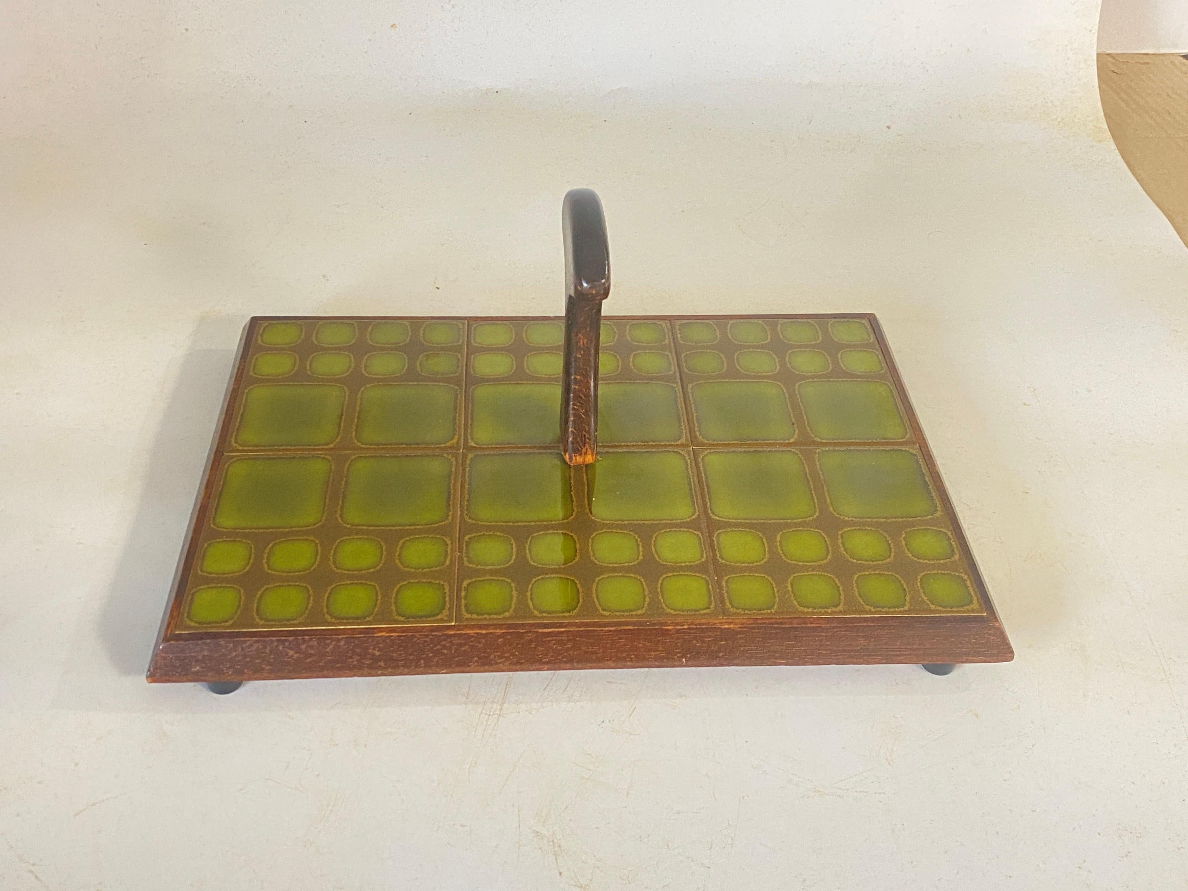 Cheese or Serving Tray in Ceramic and Wood France 1970s Brown Color For Sale 1
