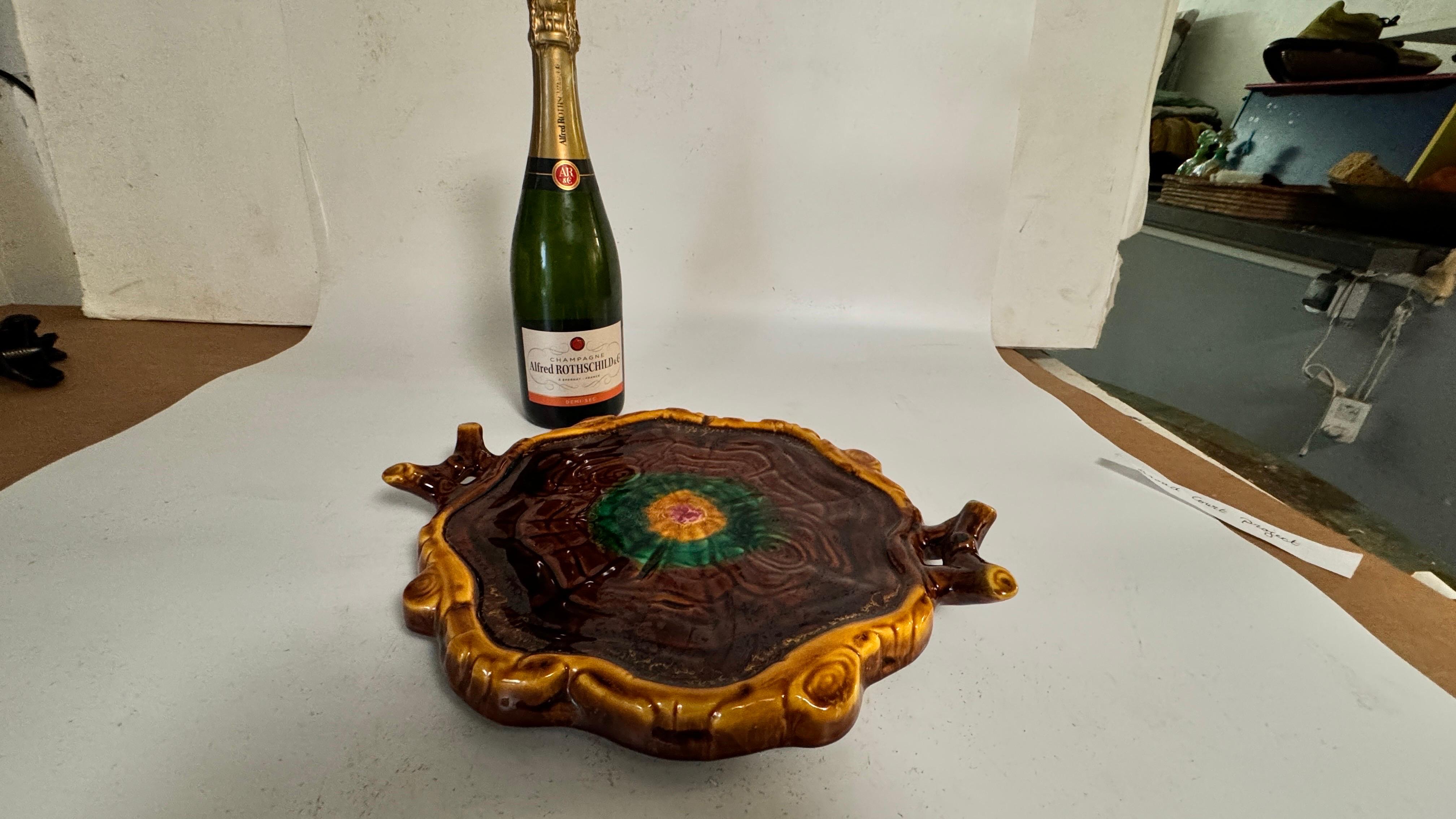 Mid-Century Modern Cheese or Serving Tray in Ceramic  France 1970s Green and Brown Color For Sale