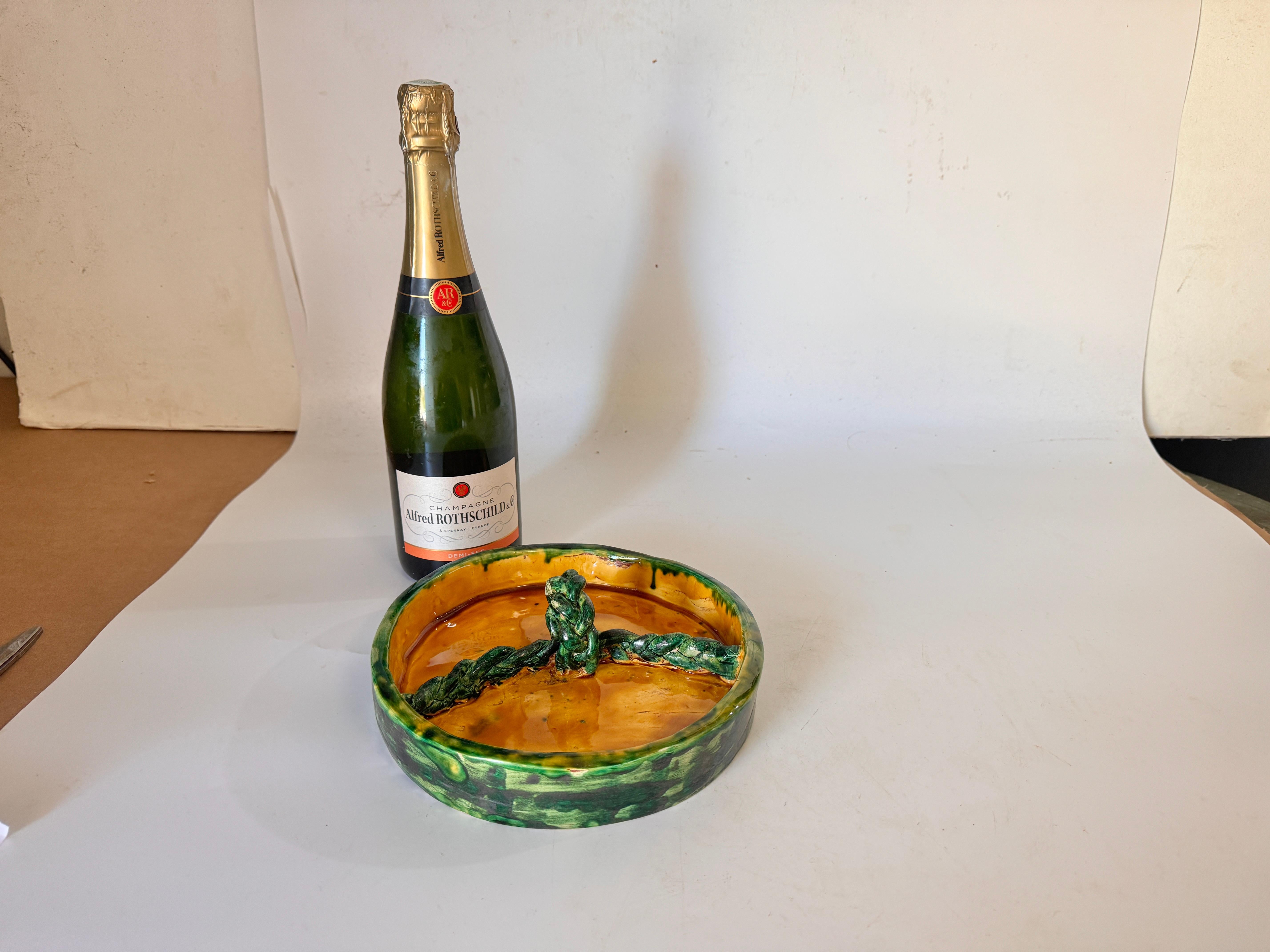 Mid-Century Modern Cheese or Serving Tray in Ceramic  France 1970s Green and Yellow Color For Sale
