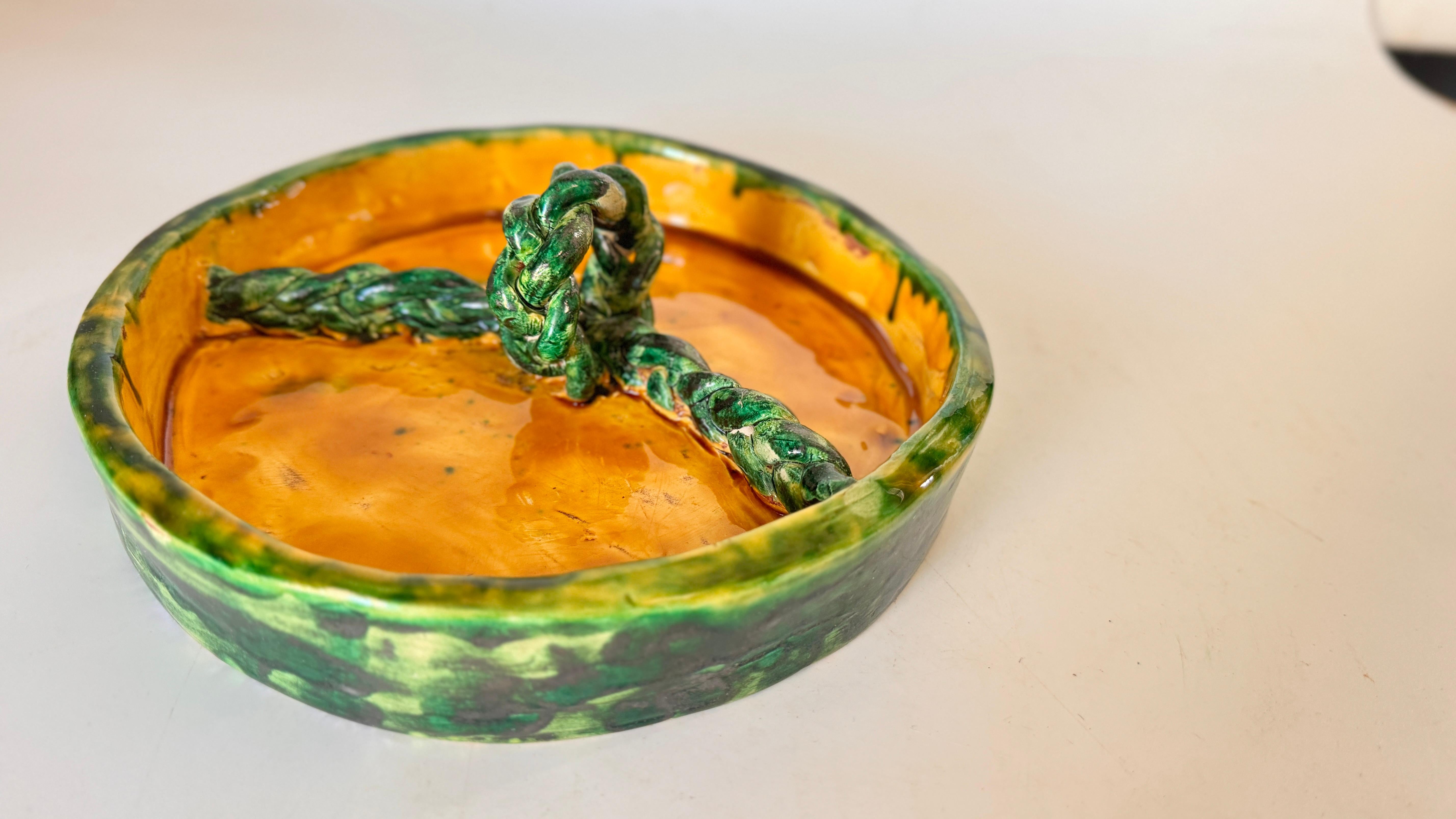 French Cheese or Serving Tray in Ceramic  France 1970s Green and Yellow Color For Sale
