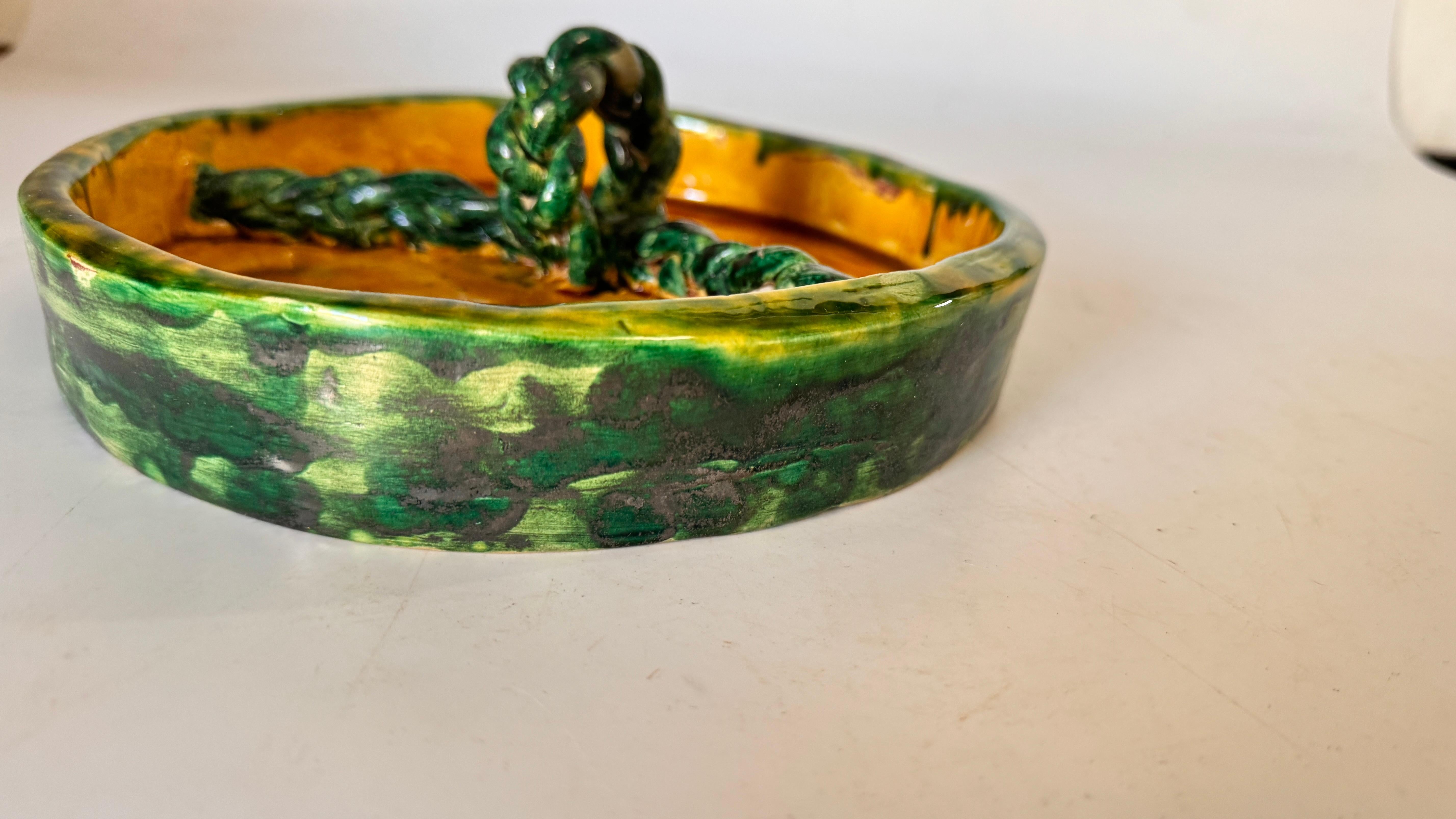 Late 20th Century Cheese or Serving Tray in Ceramic  France 1970s Green and Yellow Color For Sale